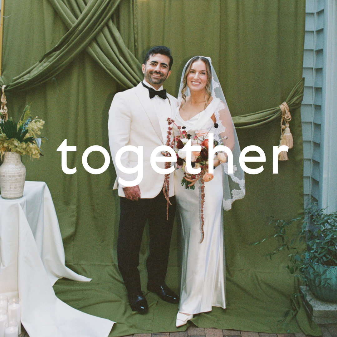 Outdoor wedding photo collage with couple in white dress and suit against green backdrop at garden venue.