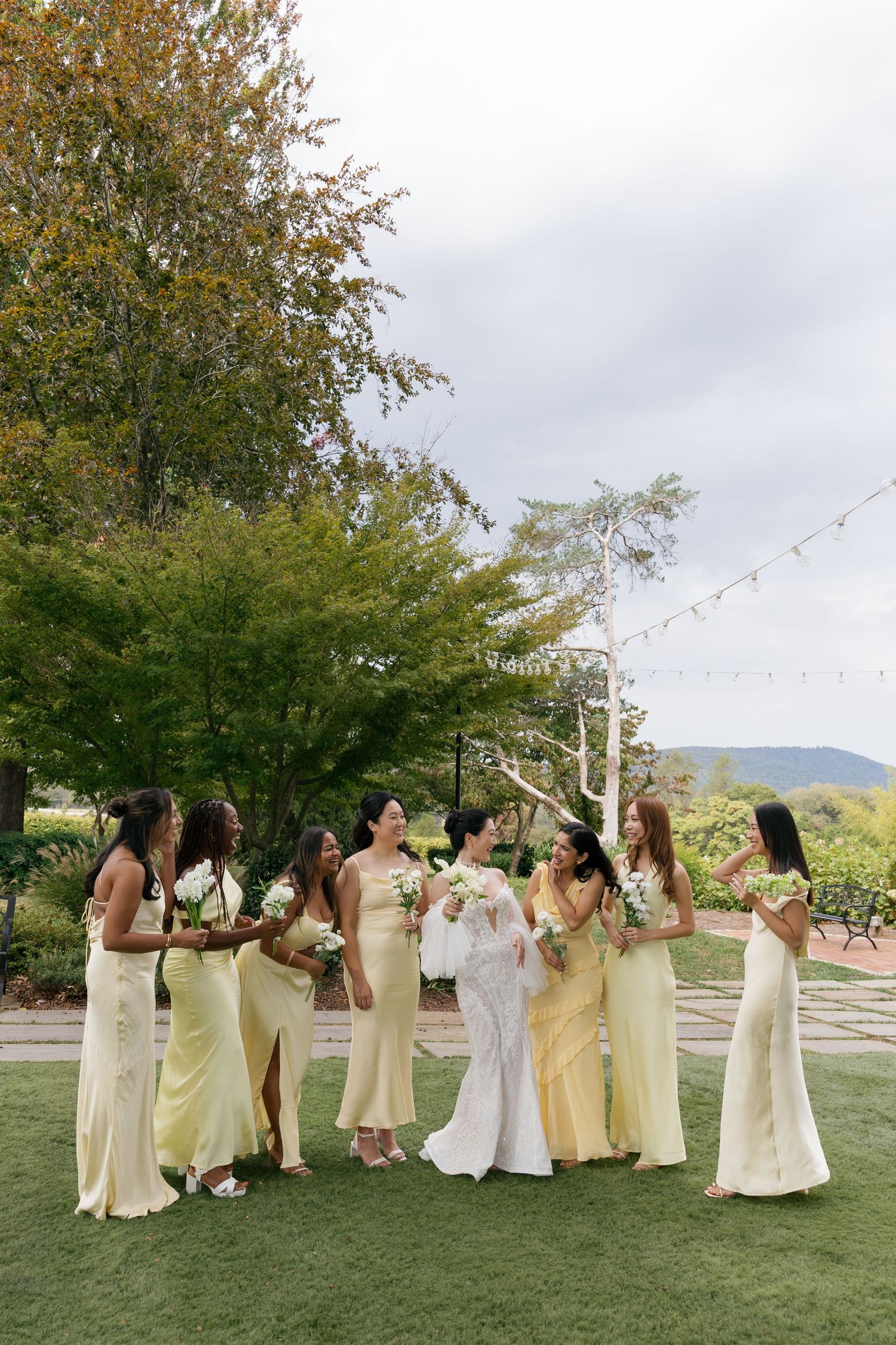 A bridal party in pale yellow and white dresses gather on a grassy lawn with trees and mountains in the background.