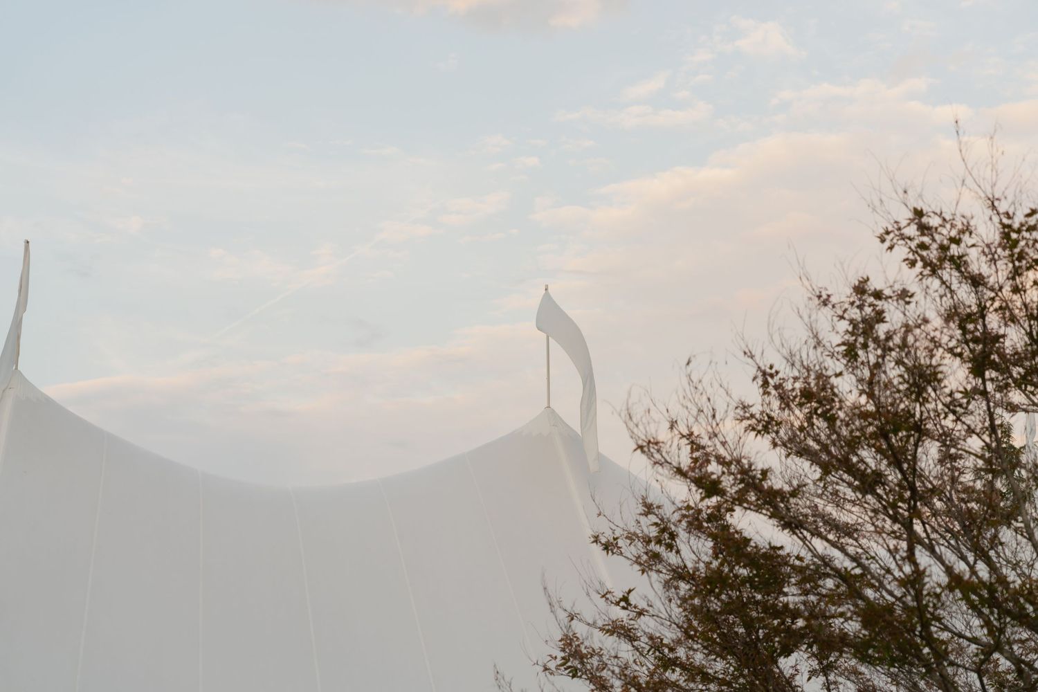 A panoramic view of a mountain range with trees in the foreground and clouds in the sky at sunset.