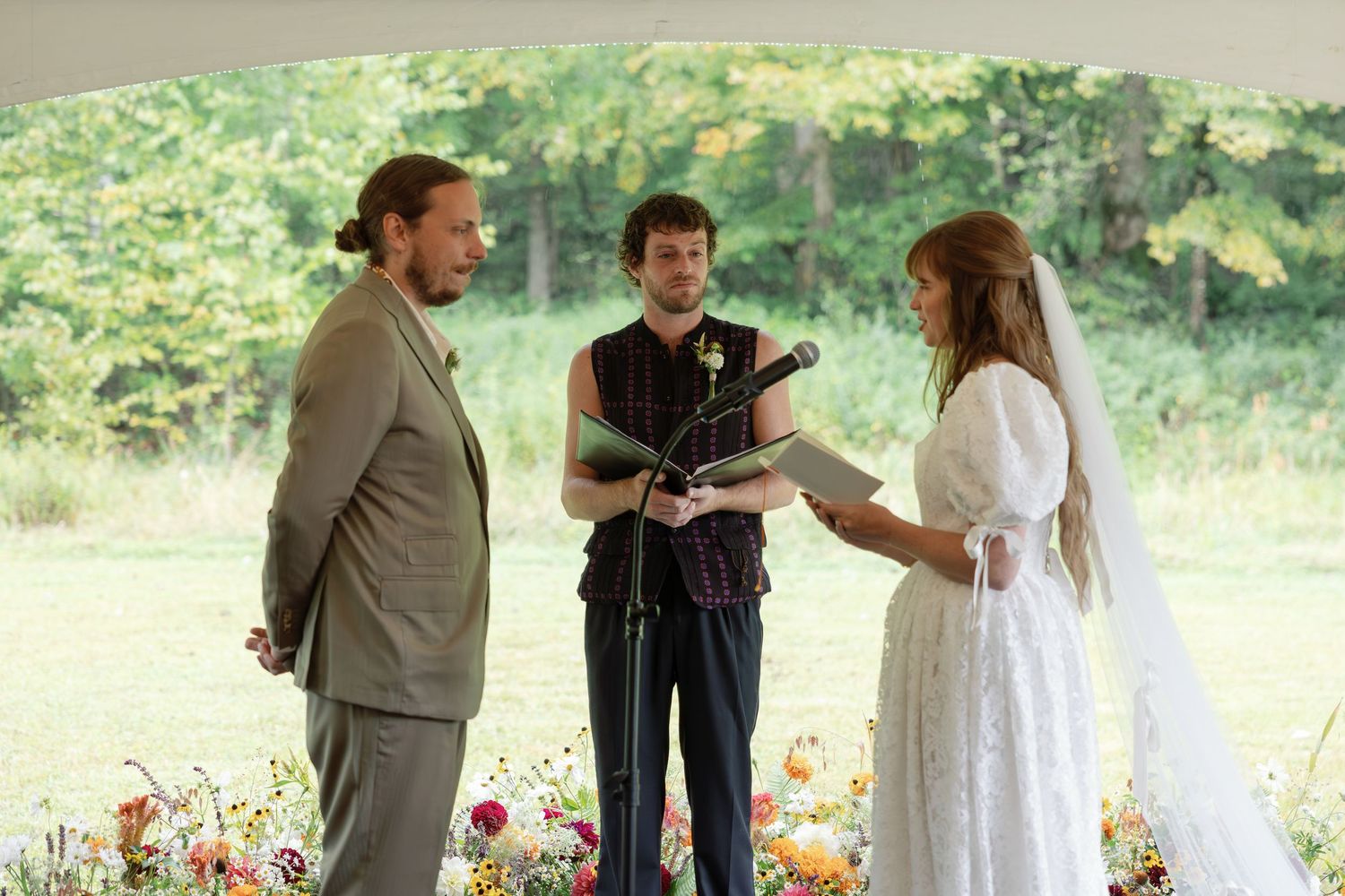 Candid sequence of outdoor wedding ceremony moments under a rustic wooden pavilion in a natural setting.