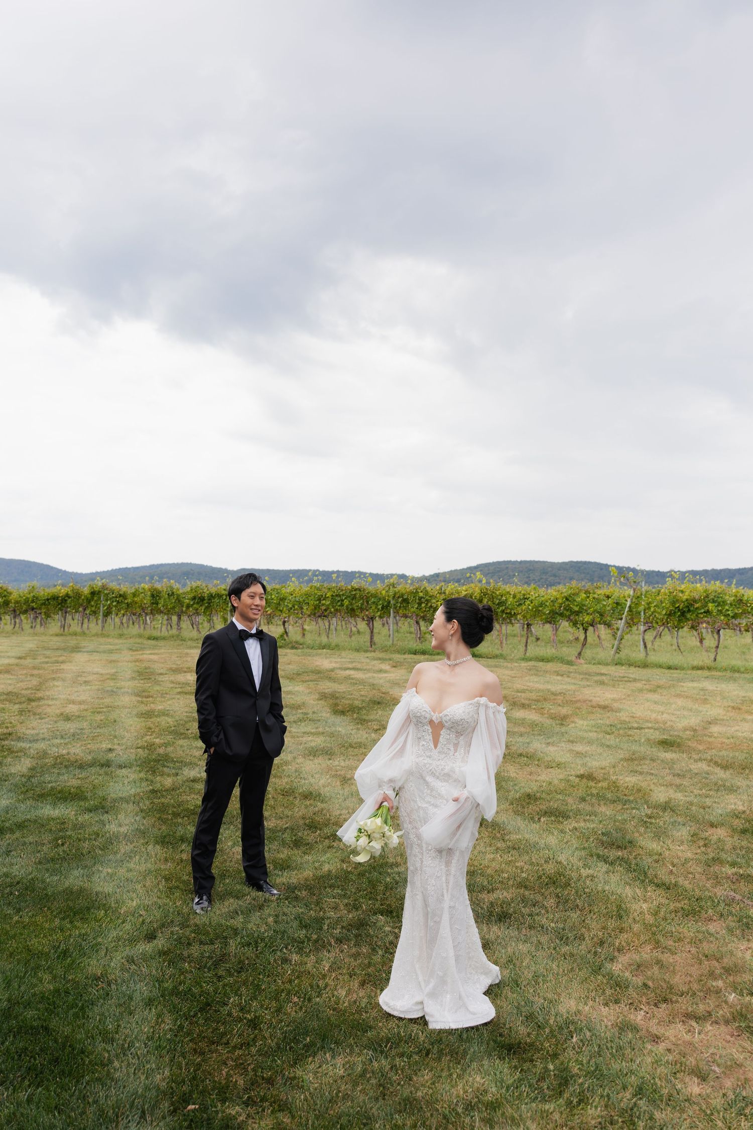 A couple in wedding attire stands in a grassy field with mountains and vineyards in the background.