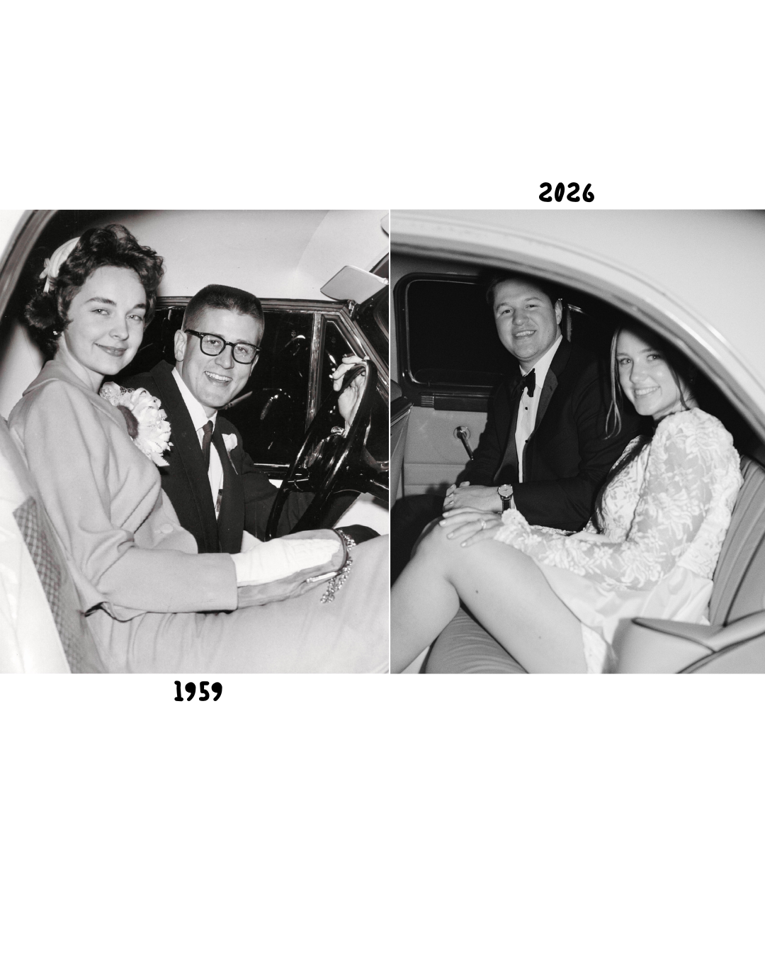 Black and white comparison photo of couples in a car, labeled 1959 and 2026, showing generational contrast.