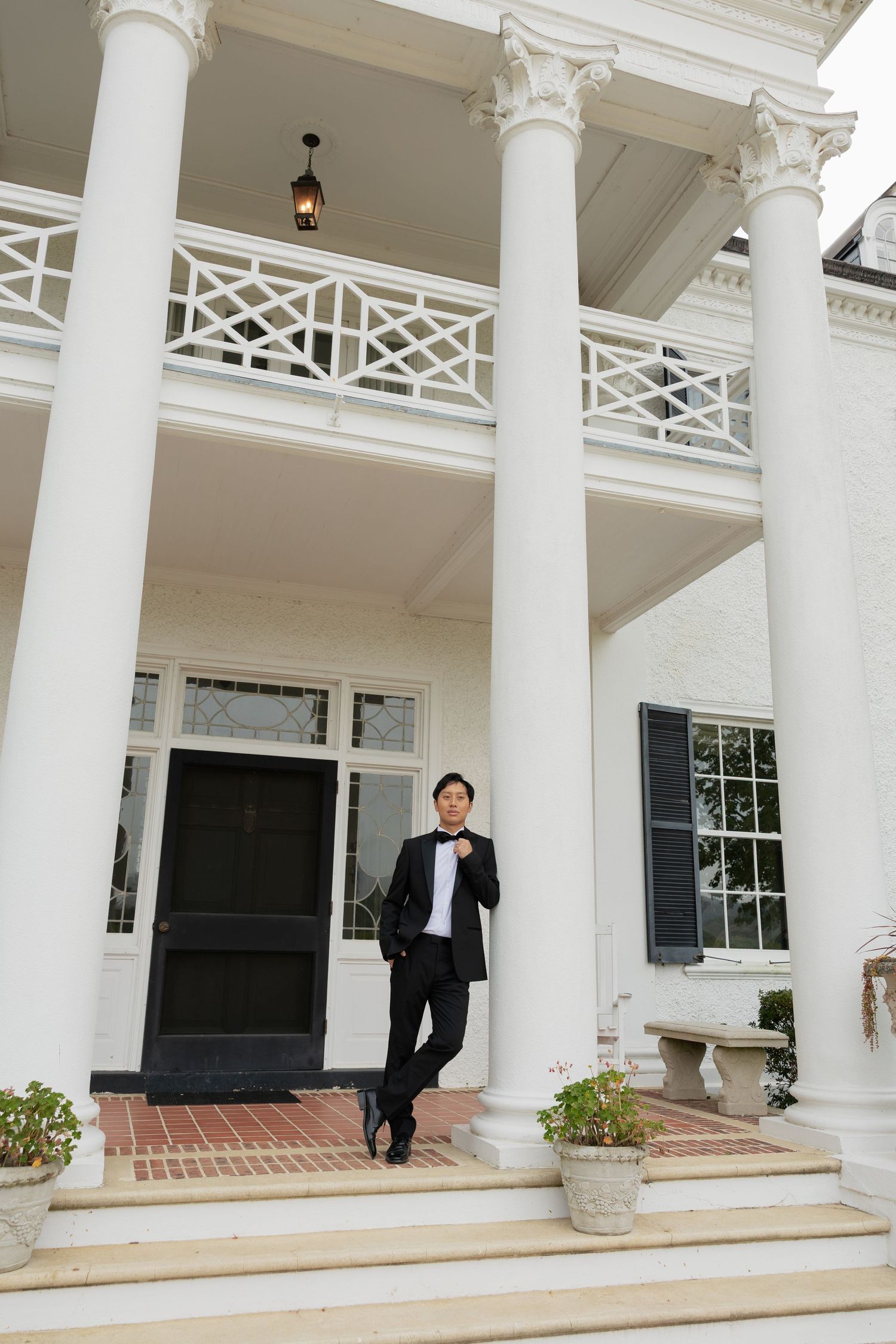 Three connected images show a white colonial-style building exterior with elegant columns and a covered porch walkway.