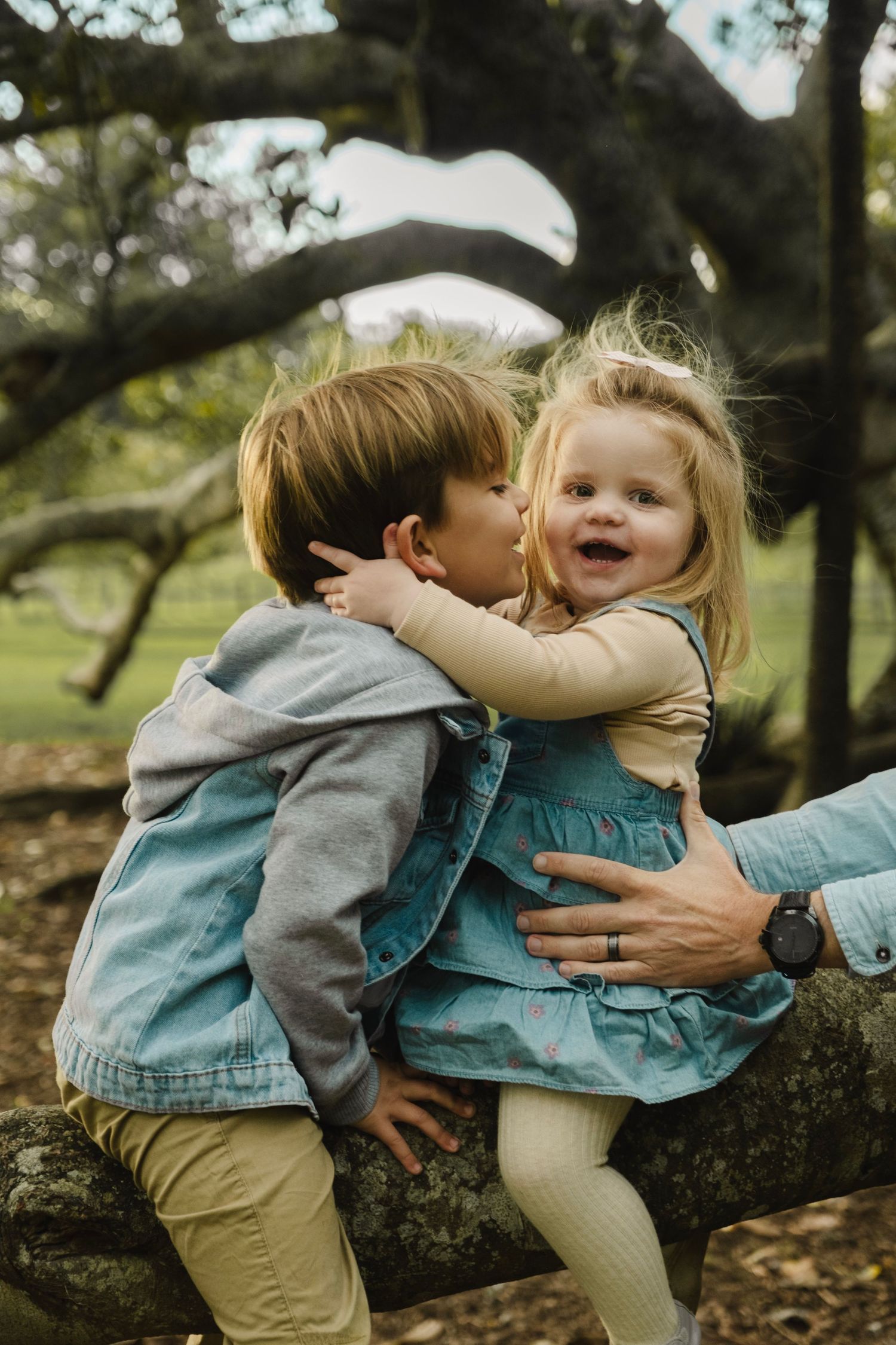 Two children playing and hugging under trees in a garden while one is lifted up by an adult's hands. auckland daydreampics