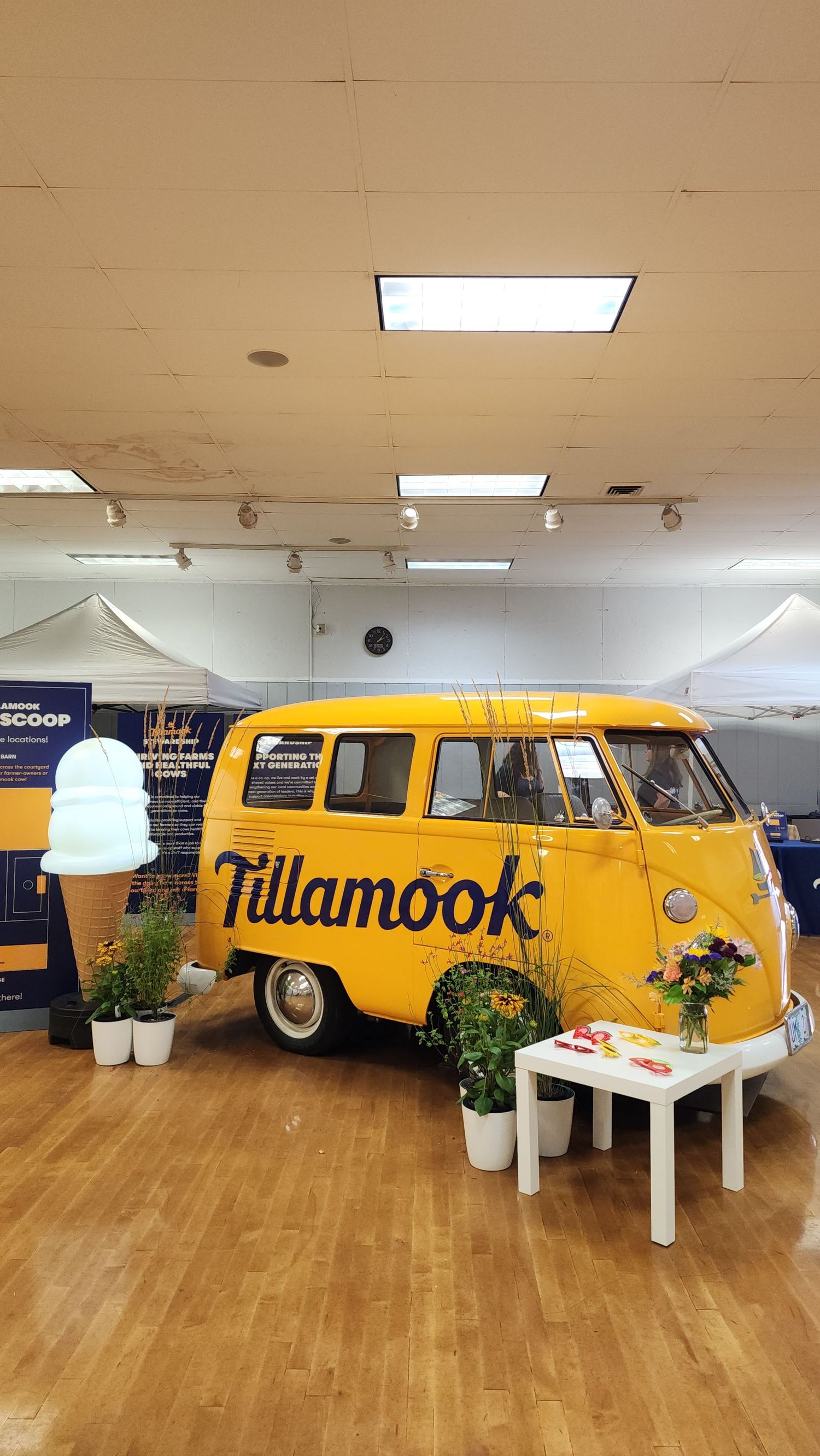 Selfie set with plastic Ice Cream cone and a yellow Tillamook VW Van at a Tillamook County Fair.