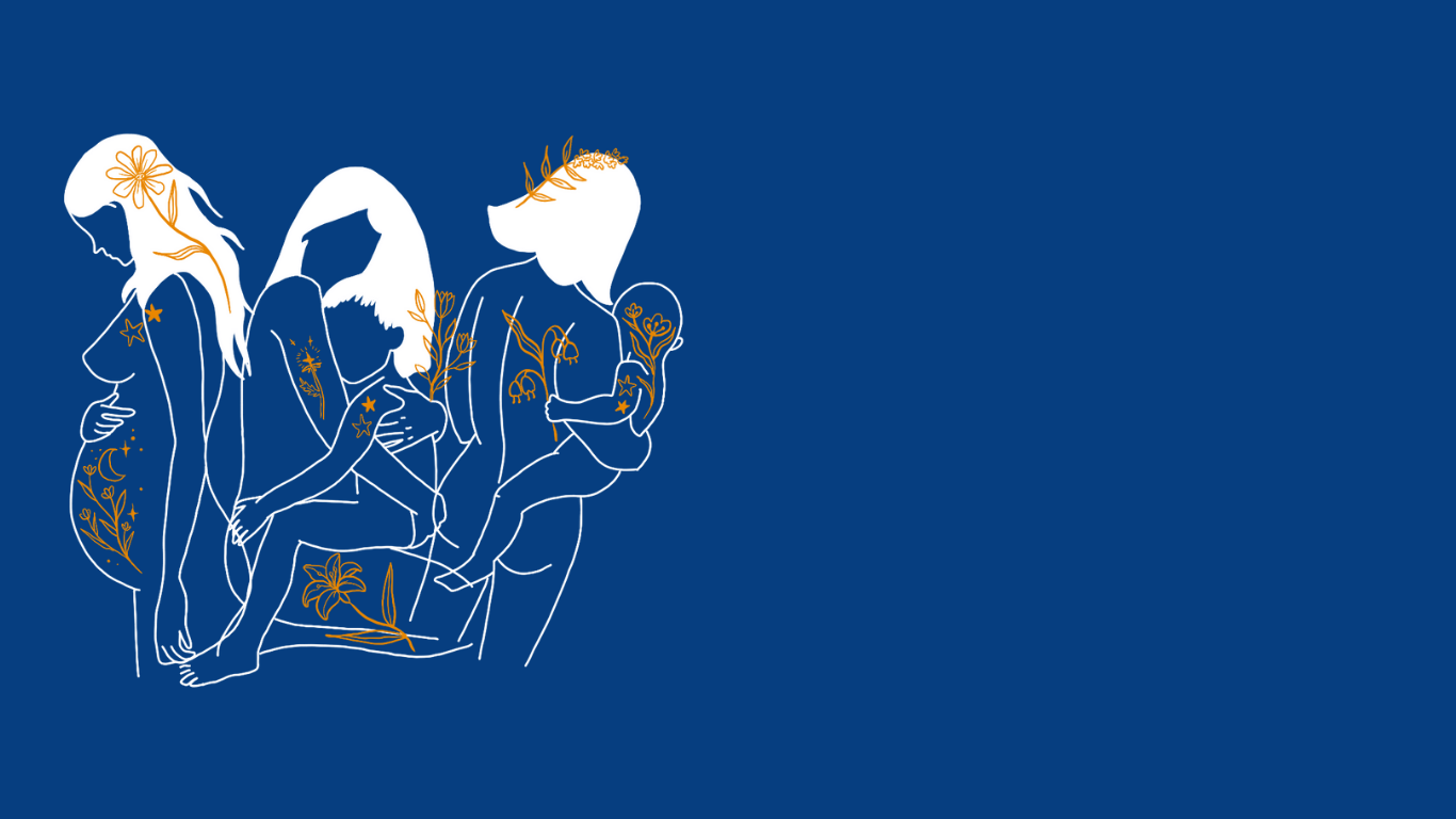 Blue background illustration of elegant figures in white and gold line art, depicting graceful human forms intertwined. Café causerie