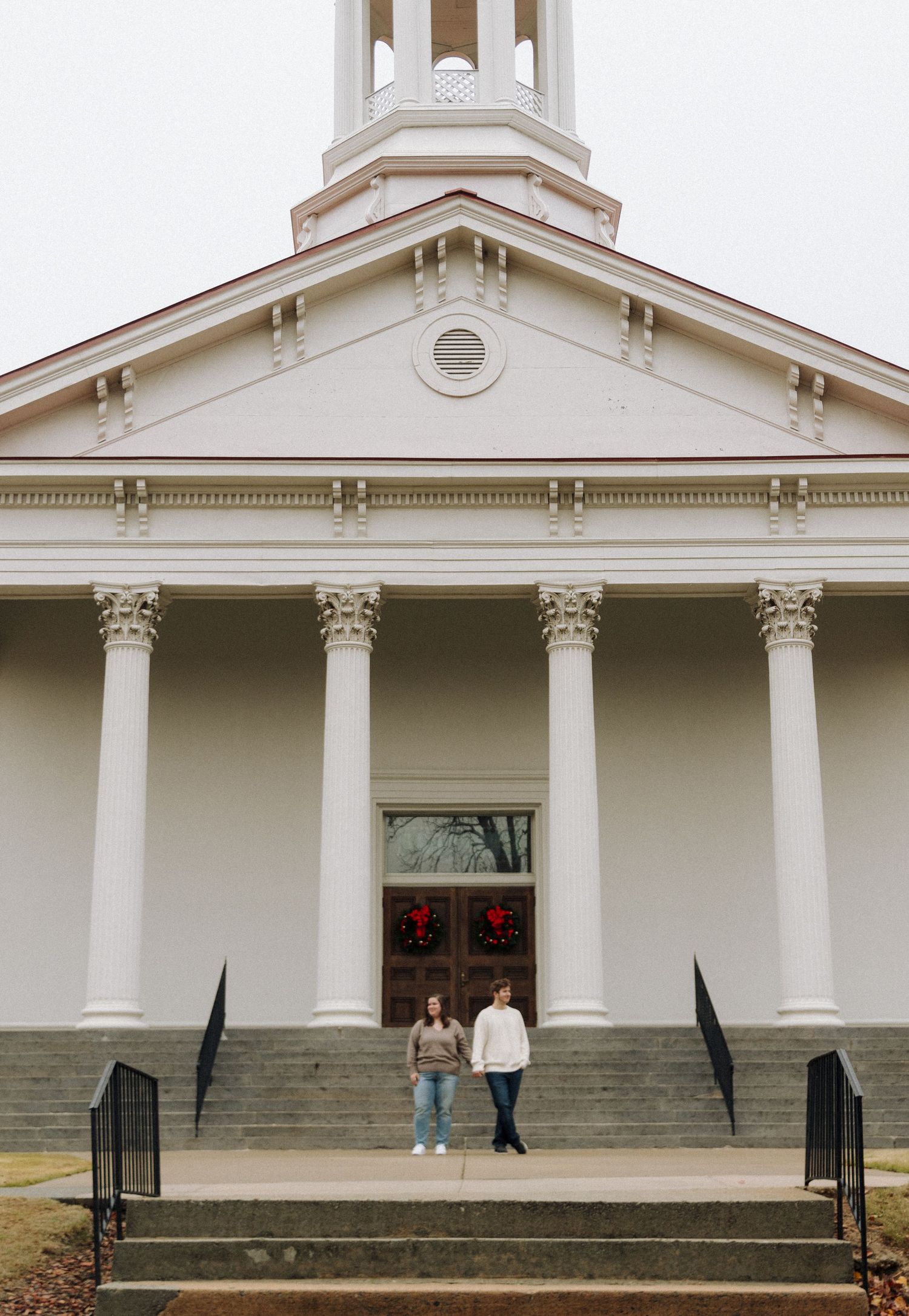 Classic church building entrance with white columns and pediment showing multiple angles of the same facade and steps.