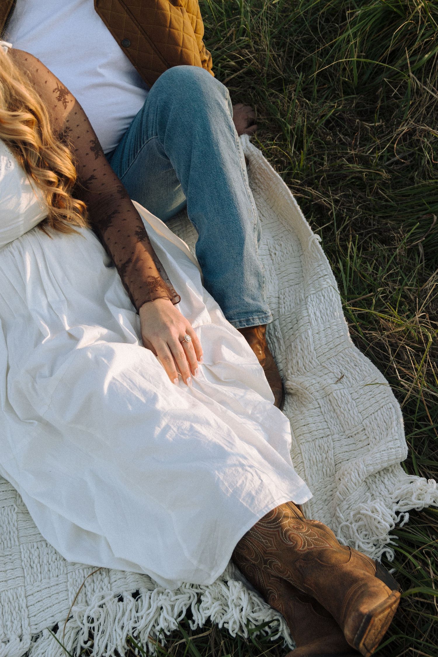 Close-up views of brown boots and white lacy dress fabric against green grass in nature.