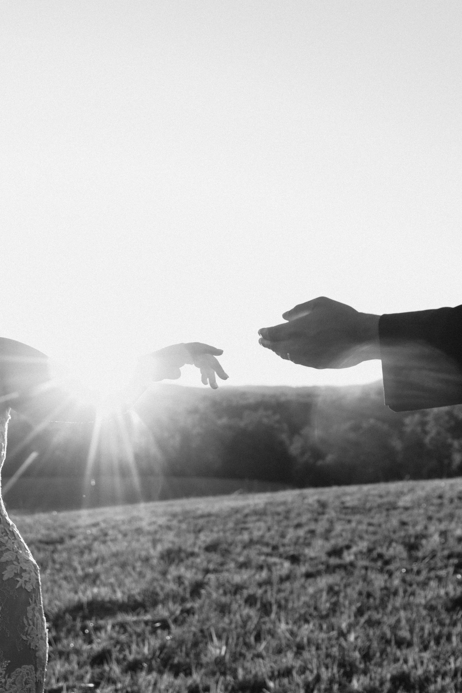 Black and white silhouette of hands reaching towards bright sunlight across a grassy field during sunset.
