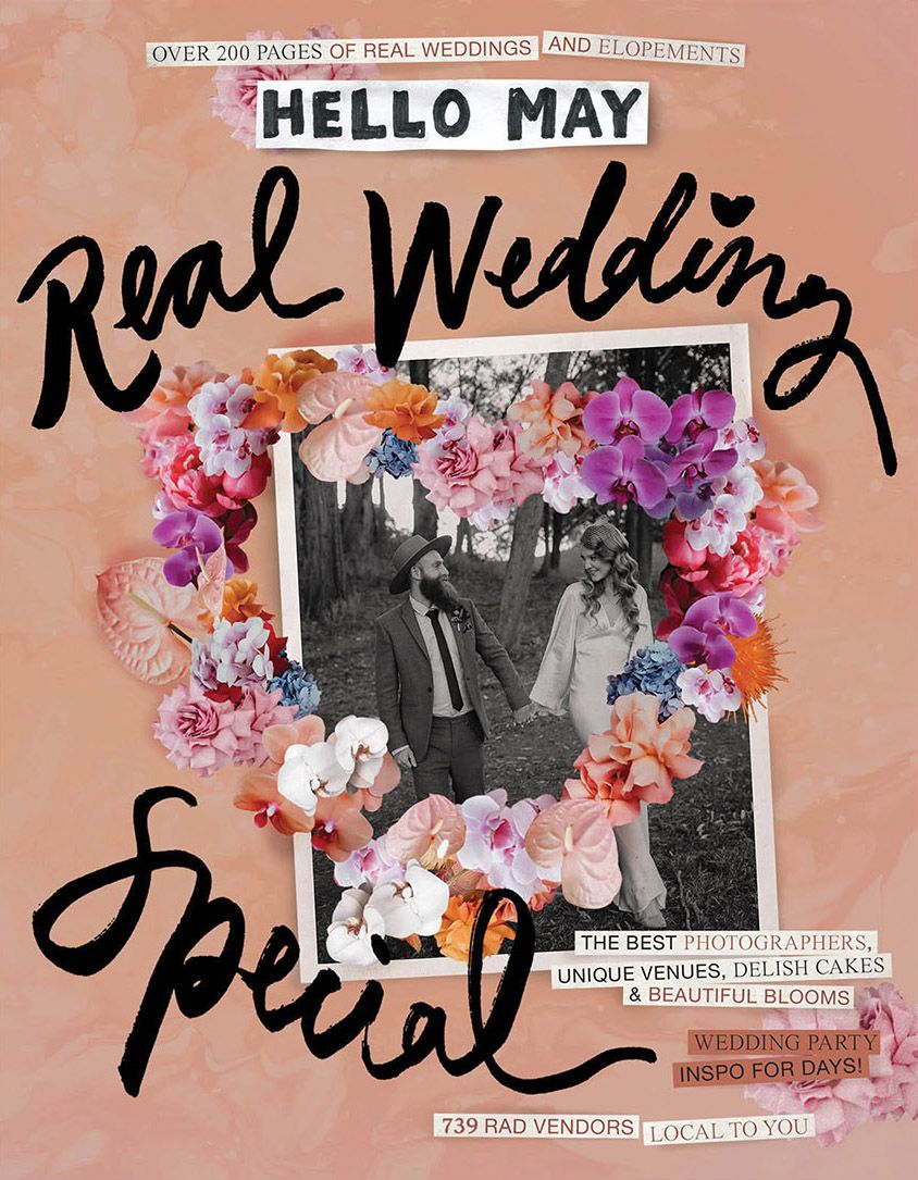 Decorative collage featuring floral arrangements and black and white photos with 'Hello May' text on a peachy pink background.