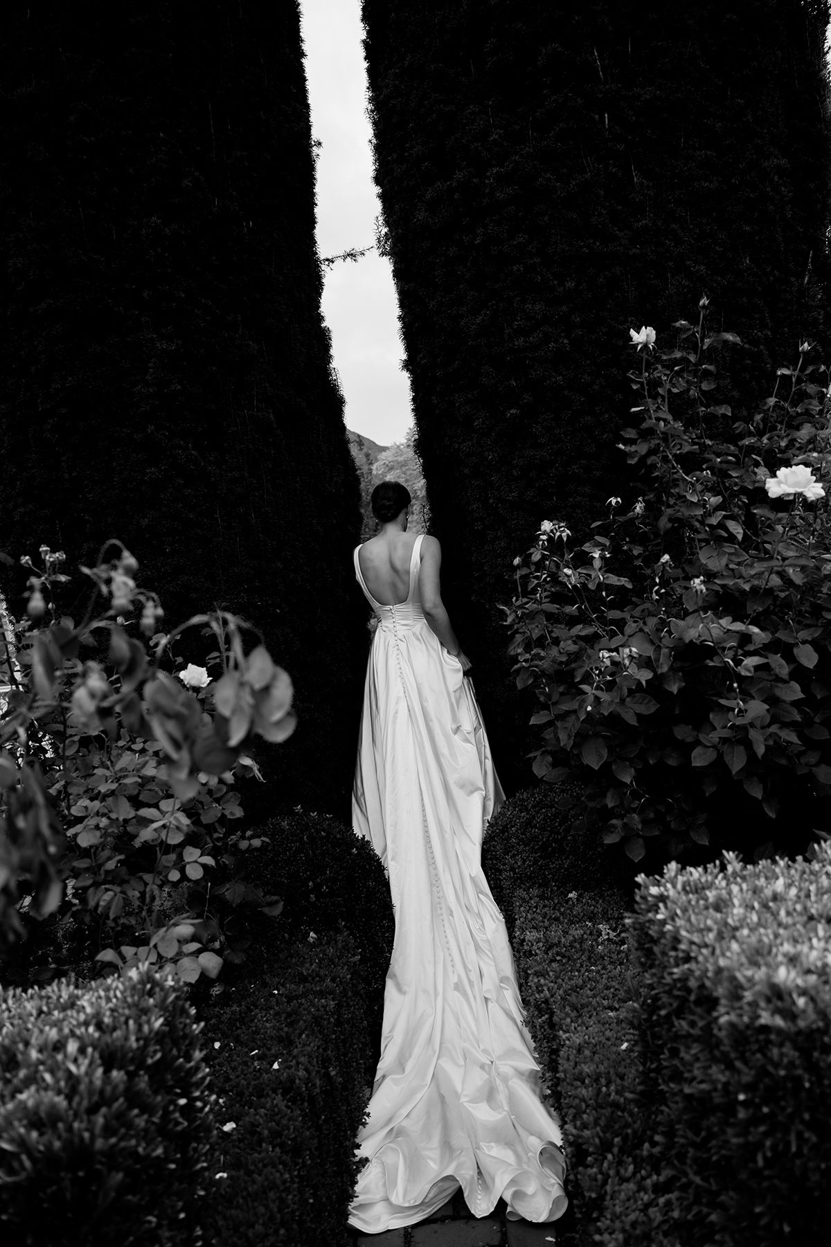 A person in an elegant white flowing dress stands in a dark garden setting against a birch tree trunk.