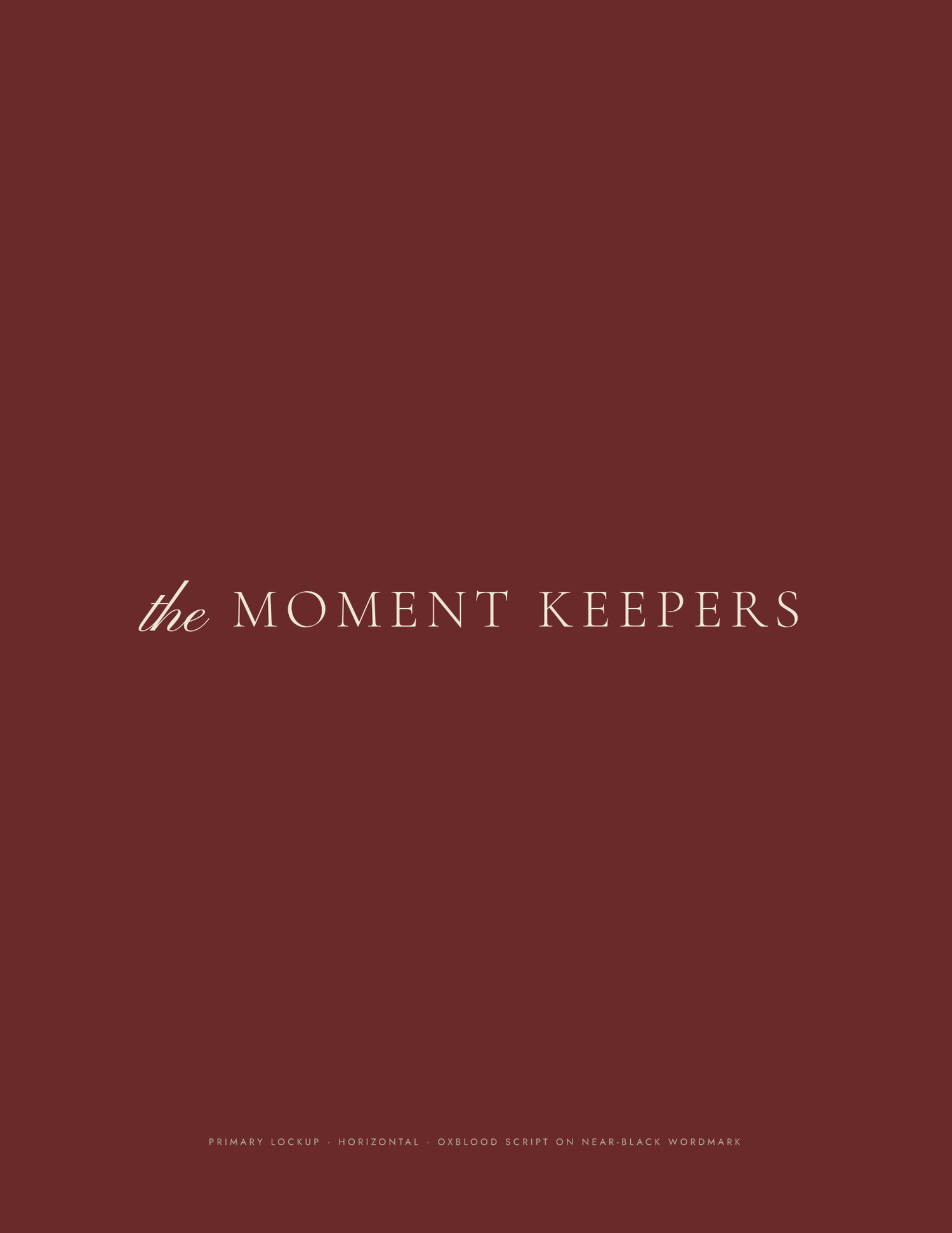 Dark crimson brand identity design featuring the elegant logo for The Moment Keepers with script and serif typography.