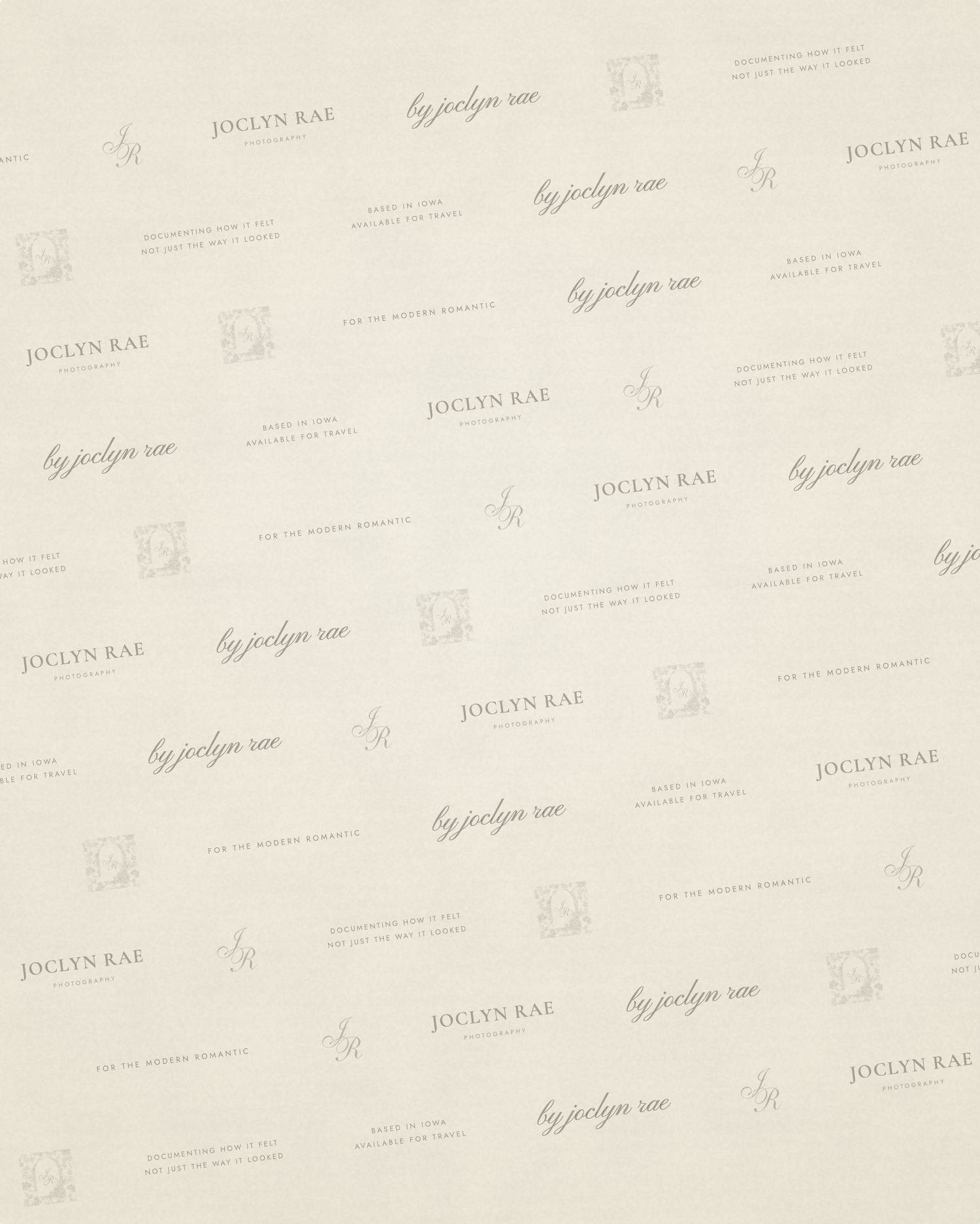 Repeating pattern of Joclyn Rae Photography branding logos on cream background.