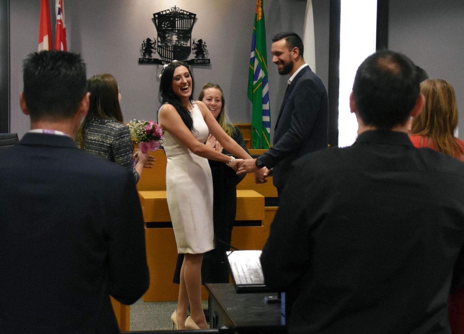 Bride laughing during a city hall wedding in Niagara Falls