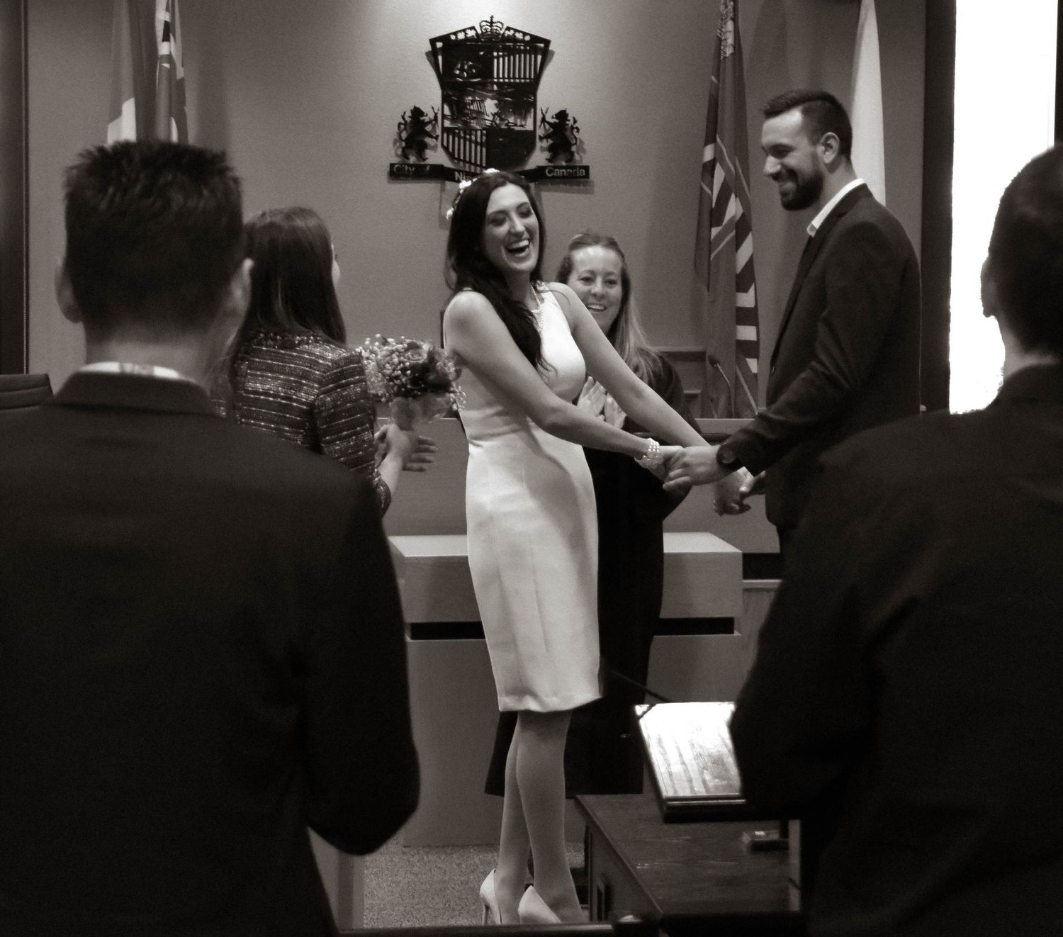 Bride laughing during a city hall wedding in Niagara Falls