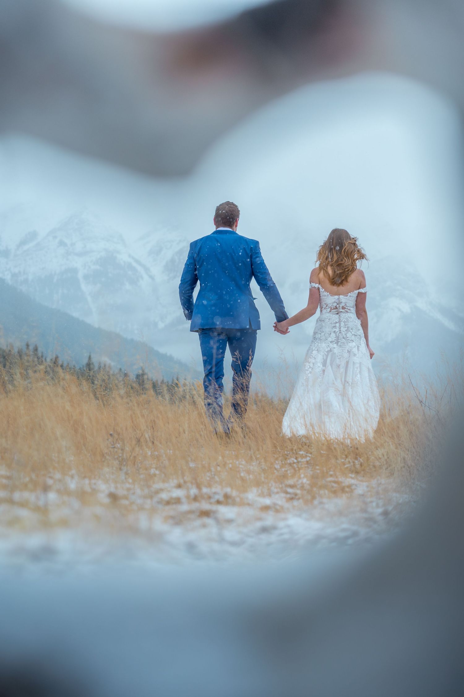 Bride and groom holding hands walking through golden fields with snow-capped mountains in the background.