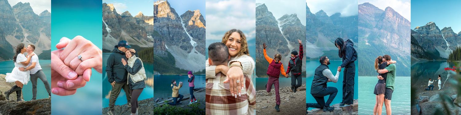 Collage of a couple's surprise marriage proposal at stunning turquoise Moraine Lake in Banff, Canada.