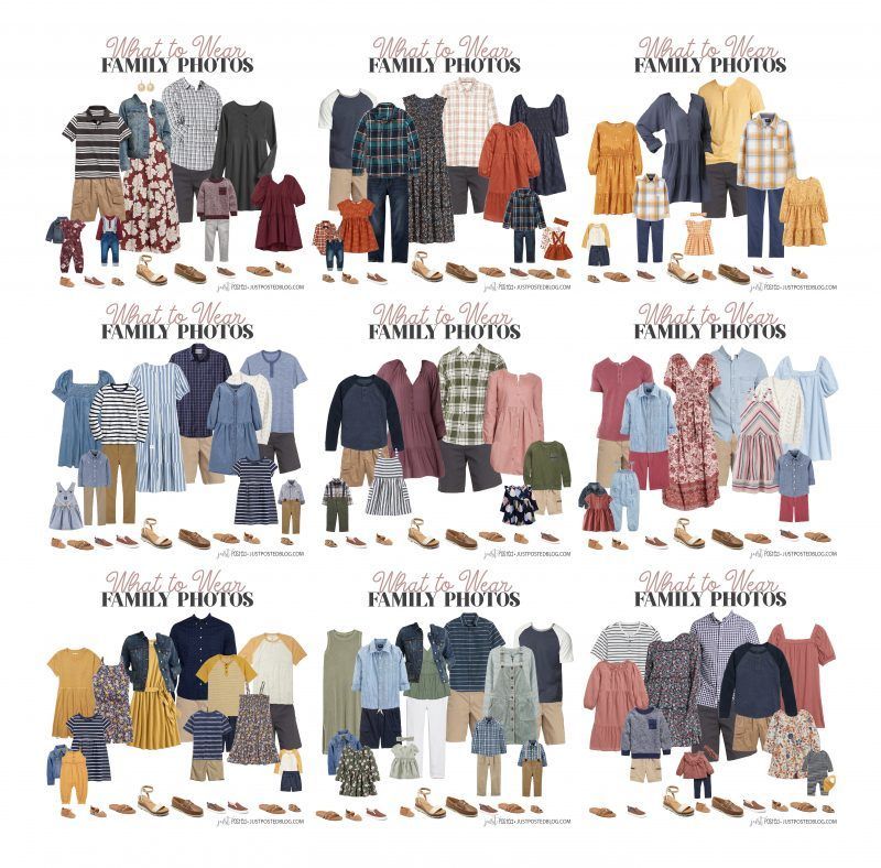 A collage of nine coordinated family photo outfit guides featuring stylish clothing combinations in various color palettes.