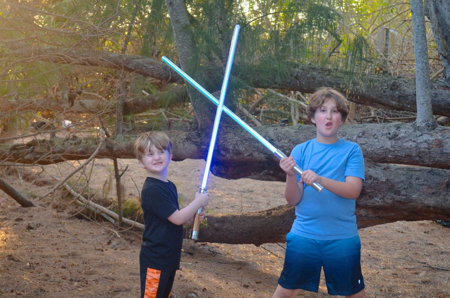 Brothers play fighting with lightsabers in a forest setting.