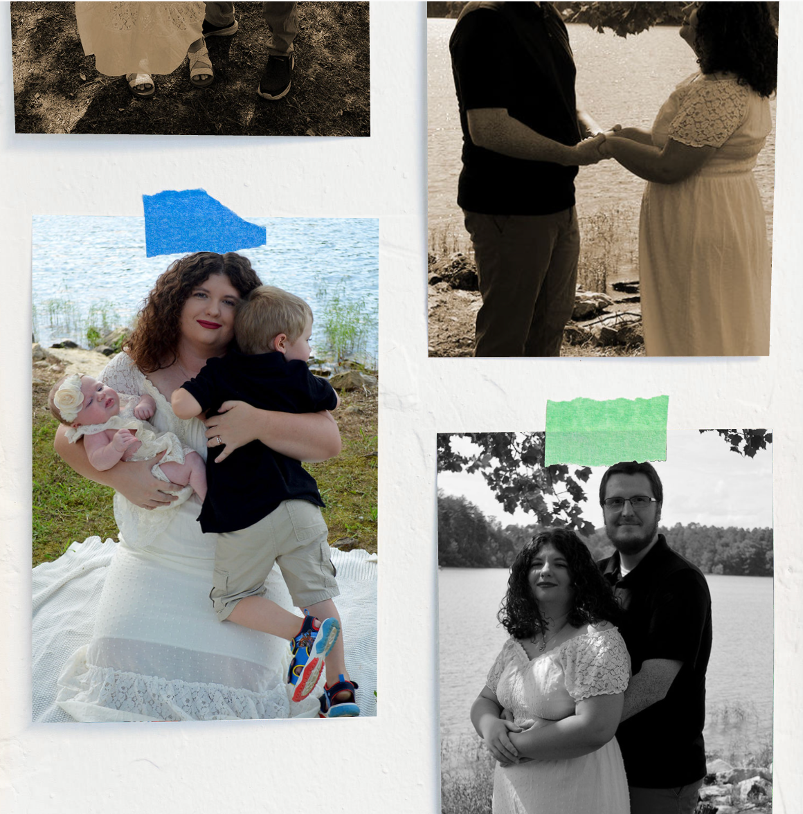 Collage of four family photos featuring a couple and family moments outdoors near water.