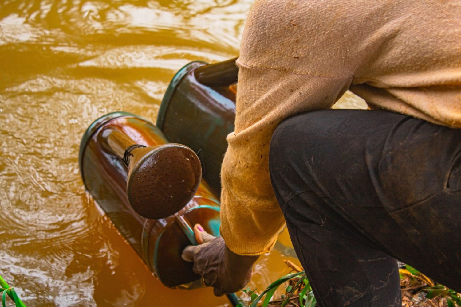 Person collecting murky brown contaminated water from a polluted river using plastic containers.