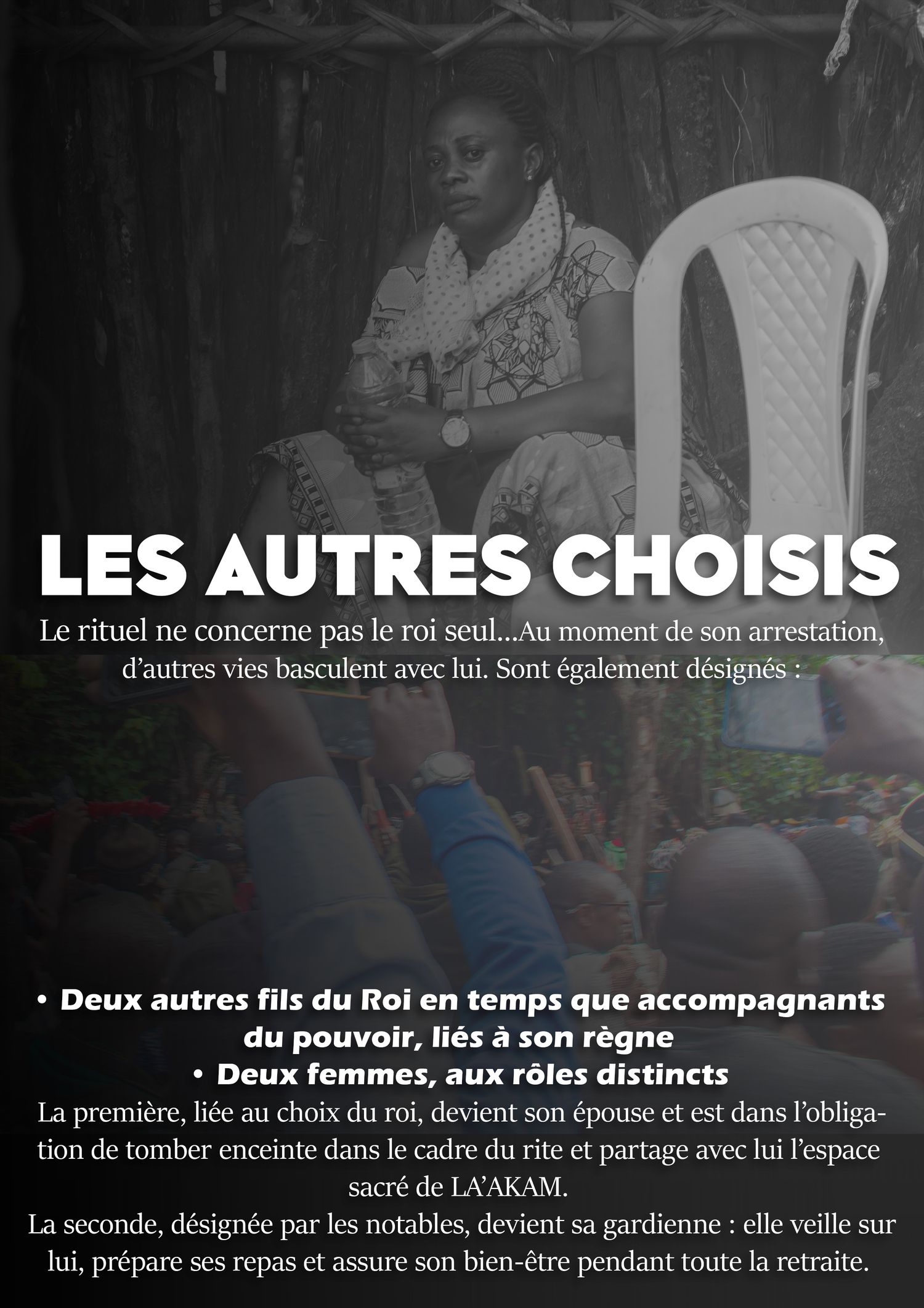 French text poster titled Les Autres Choisis describing ritual roles of women and kings sons in LA'AKAM sacred ceremony.