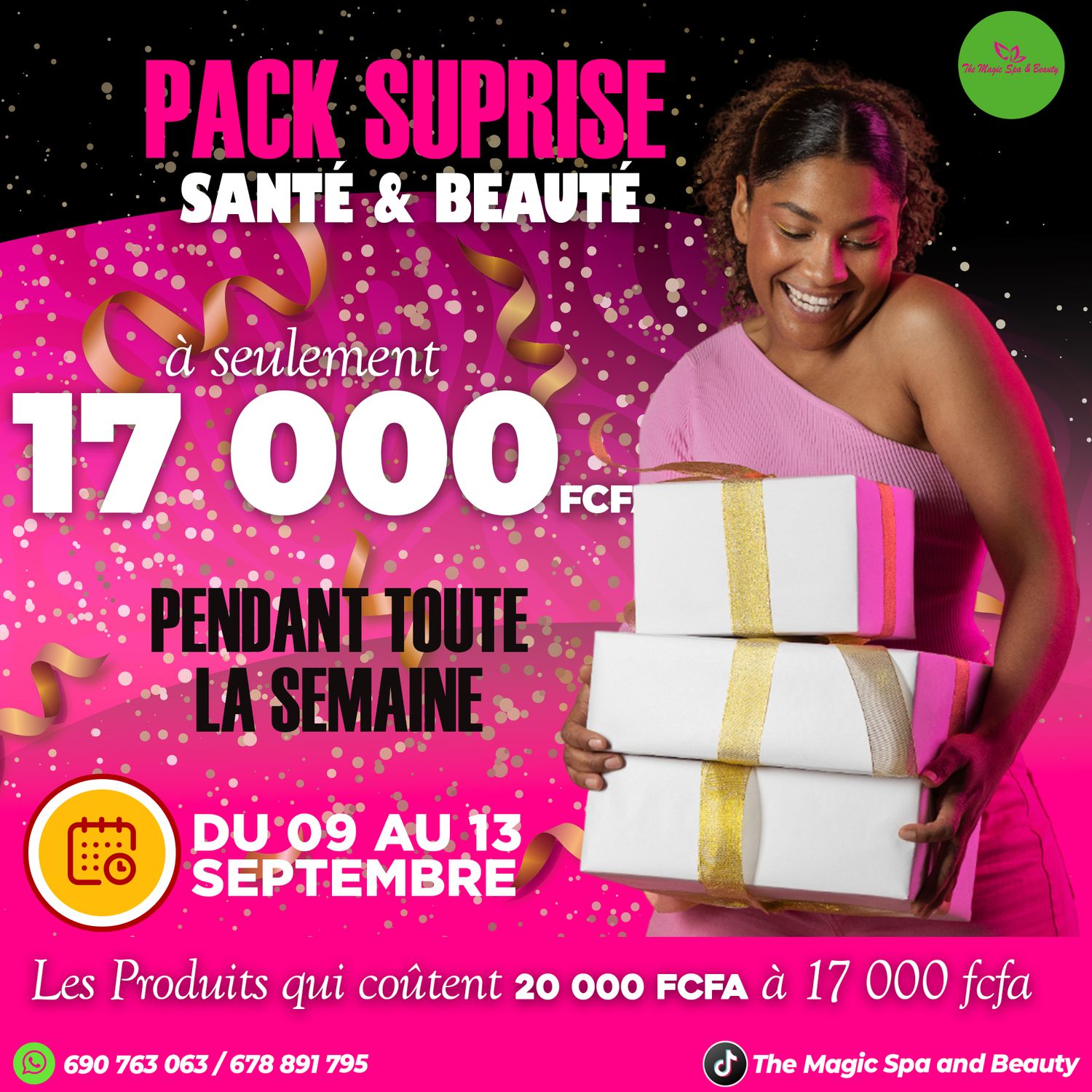 Pink promotional flyer for Pack Surprise Santé & Beauté at 17,000 FCFA from September 9-13 at The Magic Spa and Beauty.
