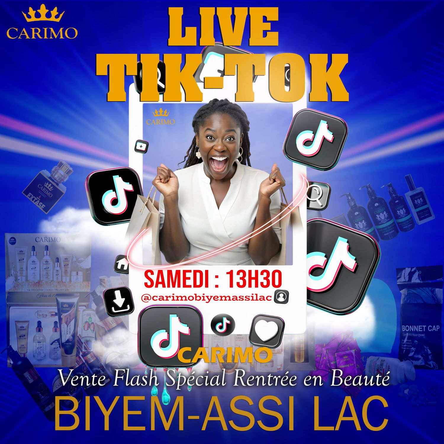 Carimo TikTok live sale flyer for Biyem-Assi Lac, Saturday 13h30, featuring beauty flash sale promotion.