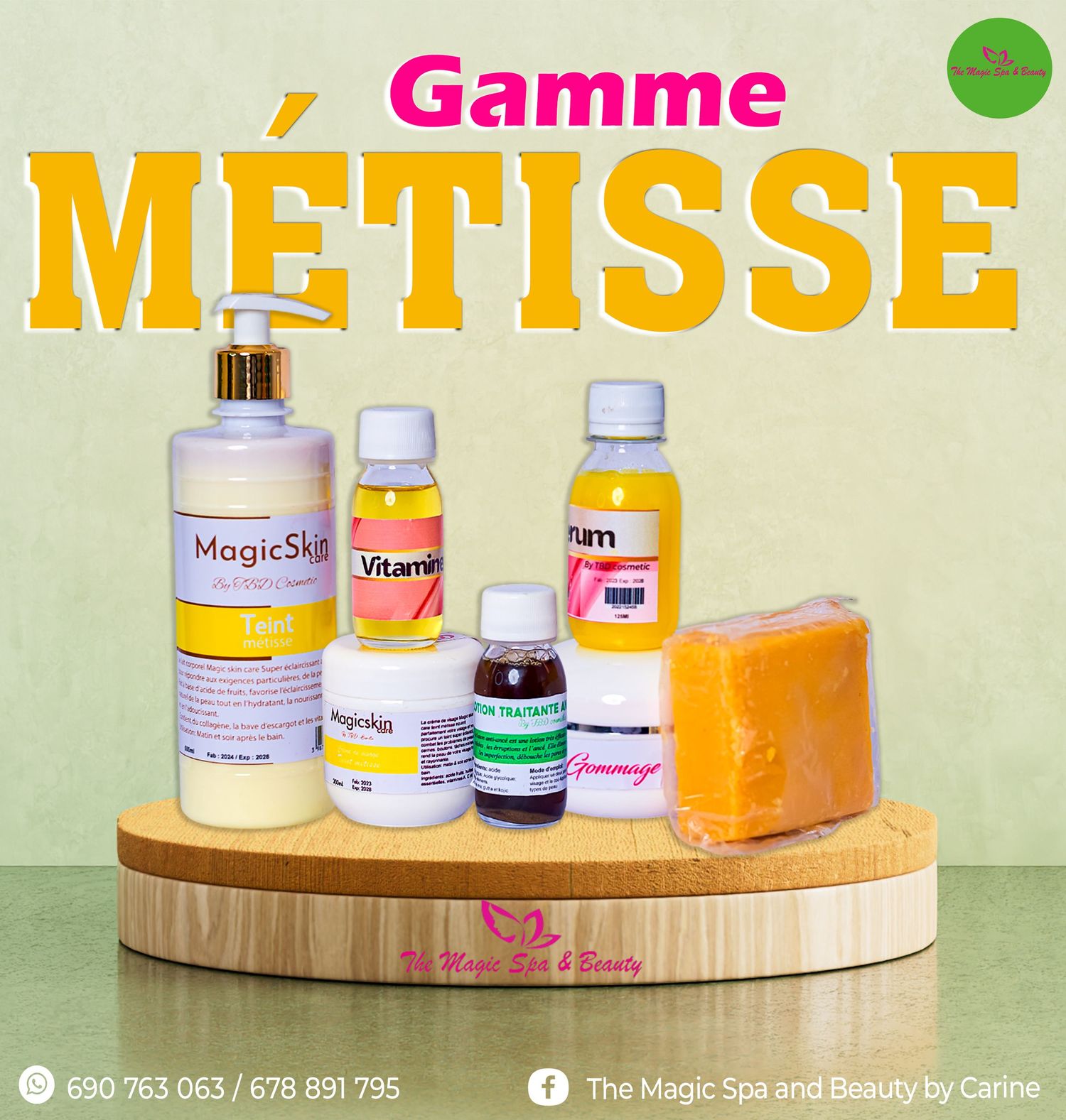 Gamme Metisse skincare set displayed on wooden stand with MagicSkin lotion, vitamins, and soap.