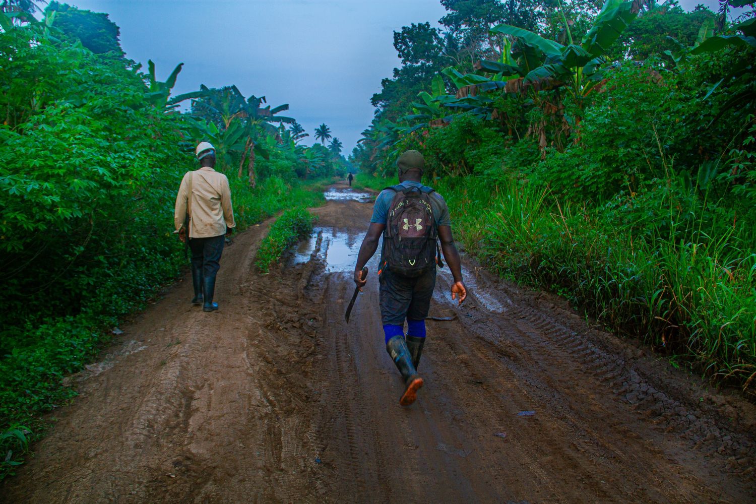 Two people walk along a muddy rural road surrounded by lush green tropical vegetation.