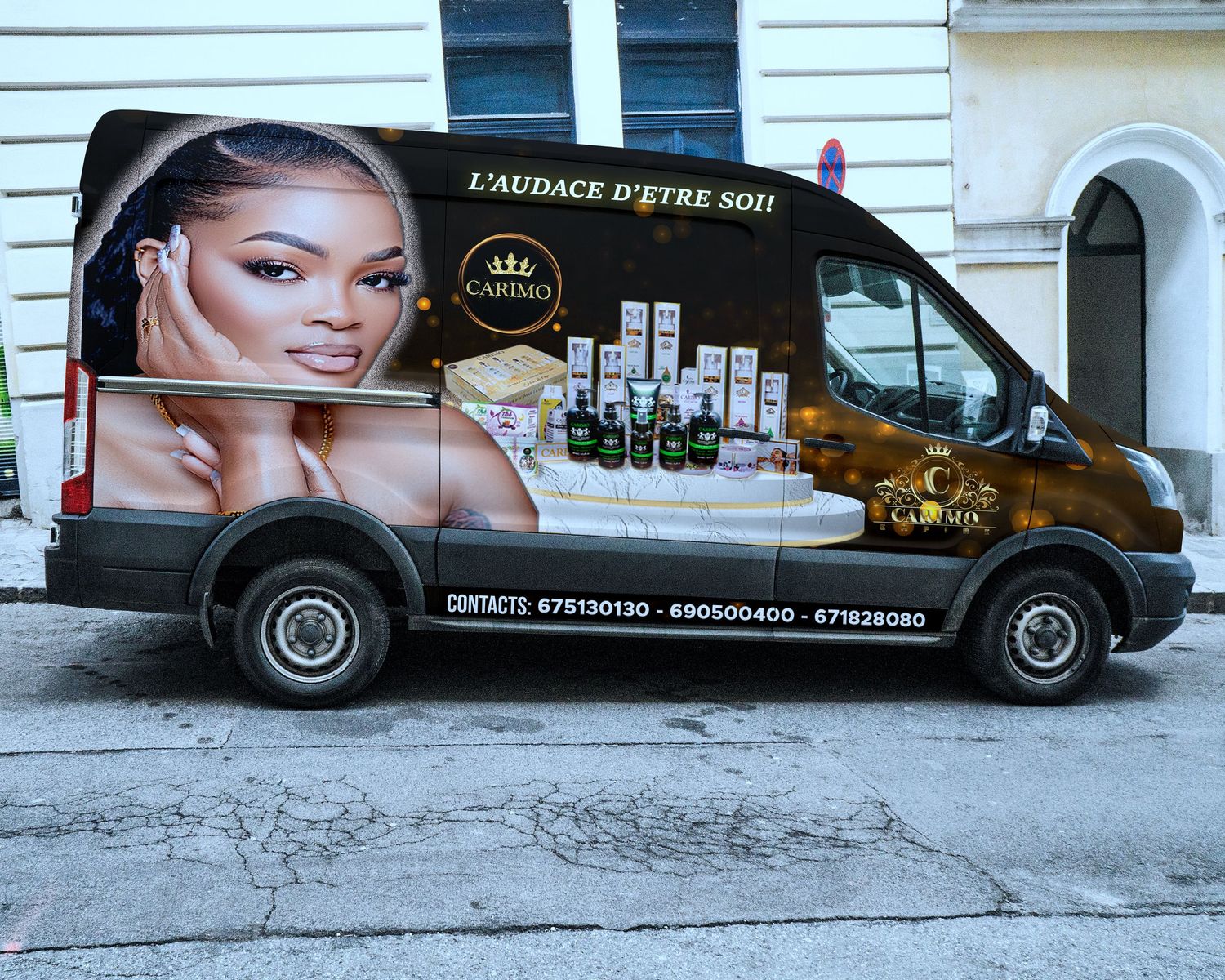 Branded delivery van advertising Carimo beauty products on a city street.
