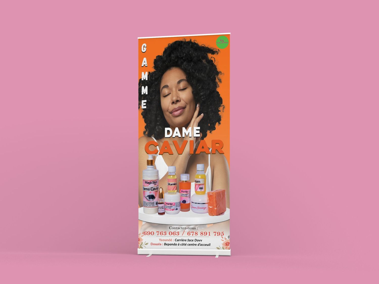 Dame Caviar skincare product roll-up banner with curly-haired woman on an orange background.