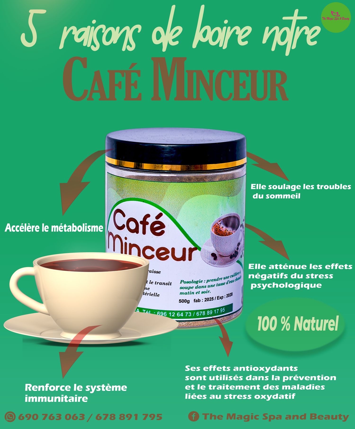 Advertisement for Cafe Minceur slimming coffee product with five health benefits listed.
