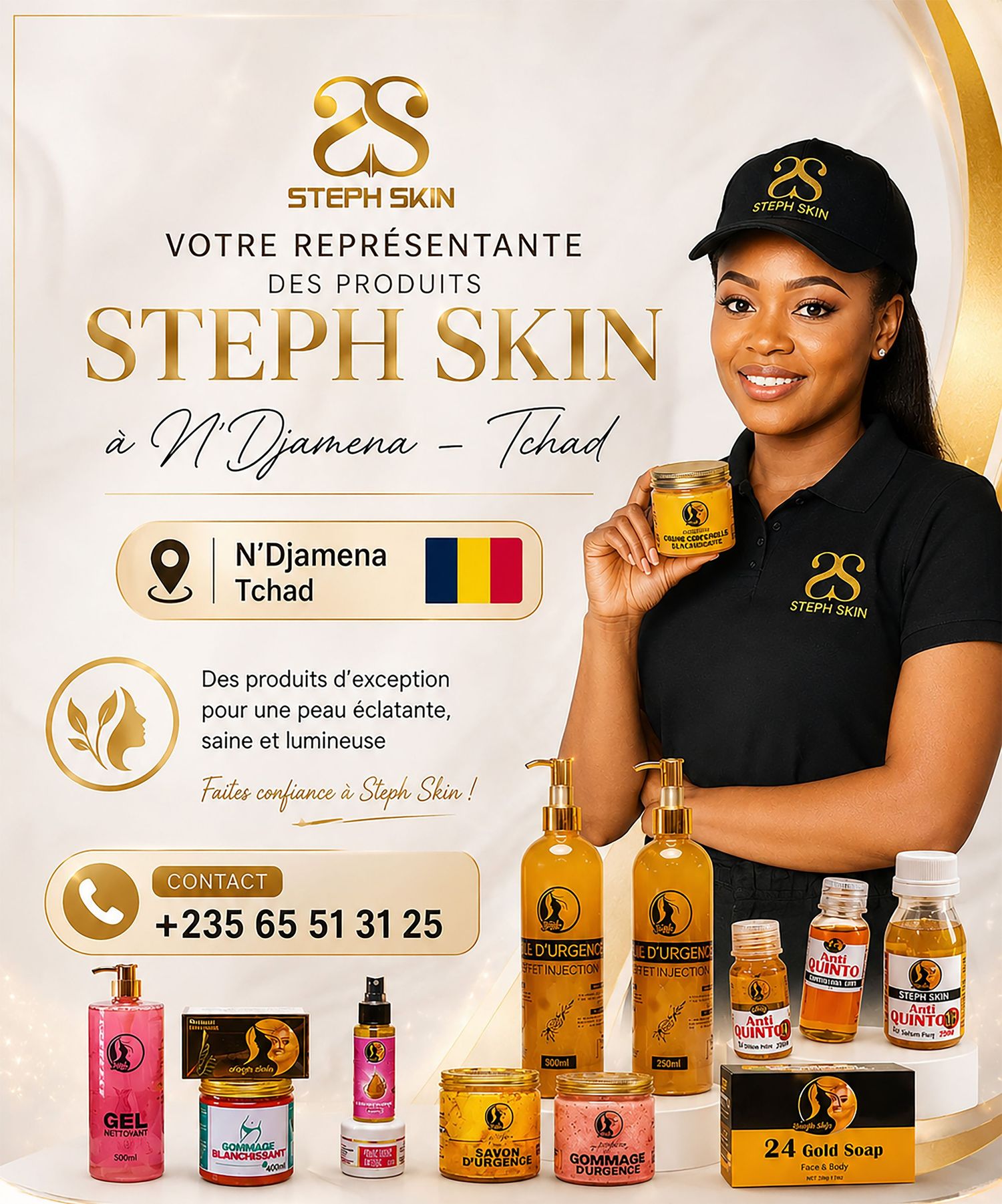 Steph Skin brand representative N'Djamena Chad showcasing skincare beauty products promotional poster.