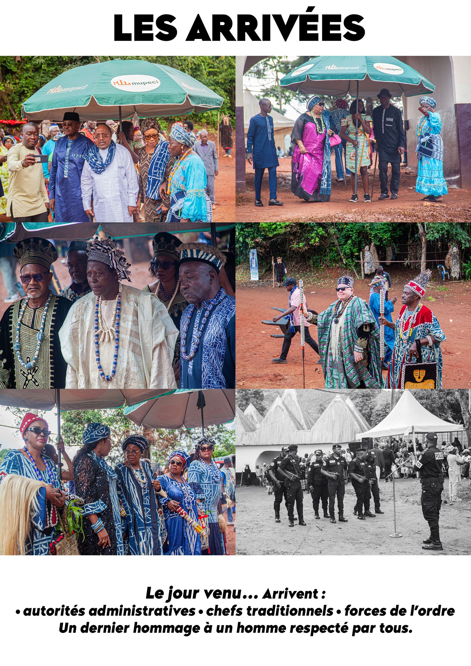 Traditional African ceremony arrivals featuring chiefs, administrative authorities, and security forces in colorful cultural attire.