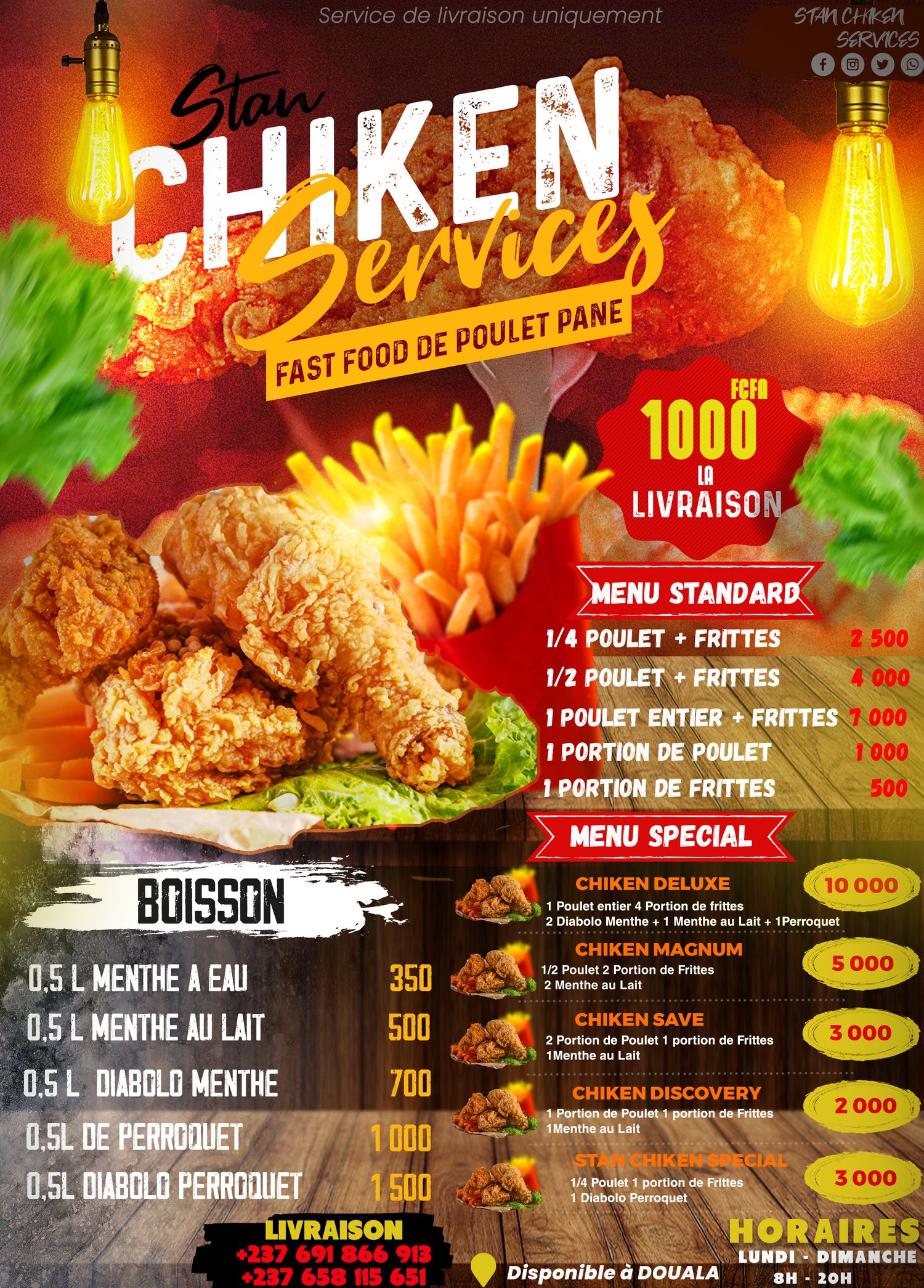 Star Chicken Services fast food menu poster featuring fried chicken and fries with pricing in CFA francs.