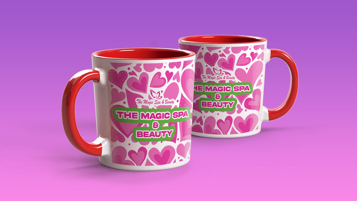Two white and red mugs printed with pink hearts and The Magic Spa and Beauty logo.