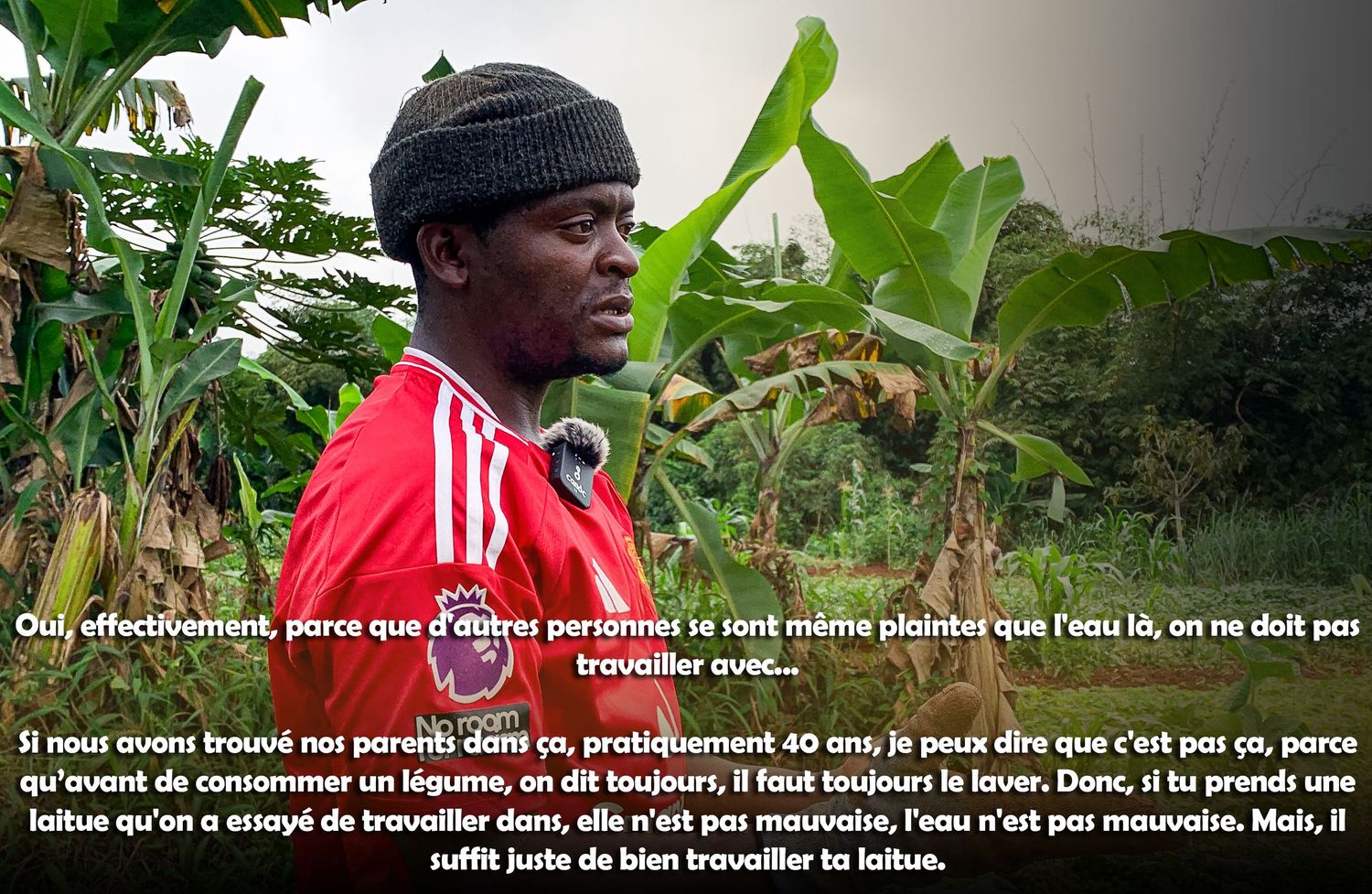 African farmer speaks about water quality and vegetable washing practices in a rural field with green crops.