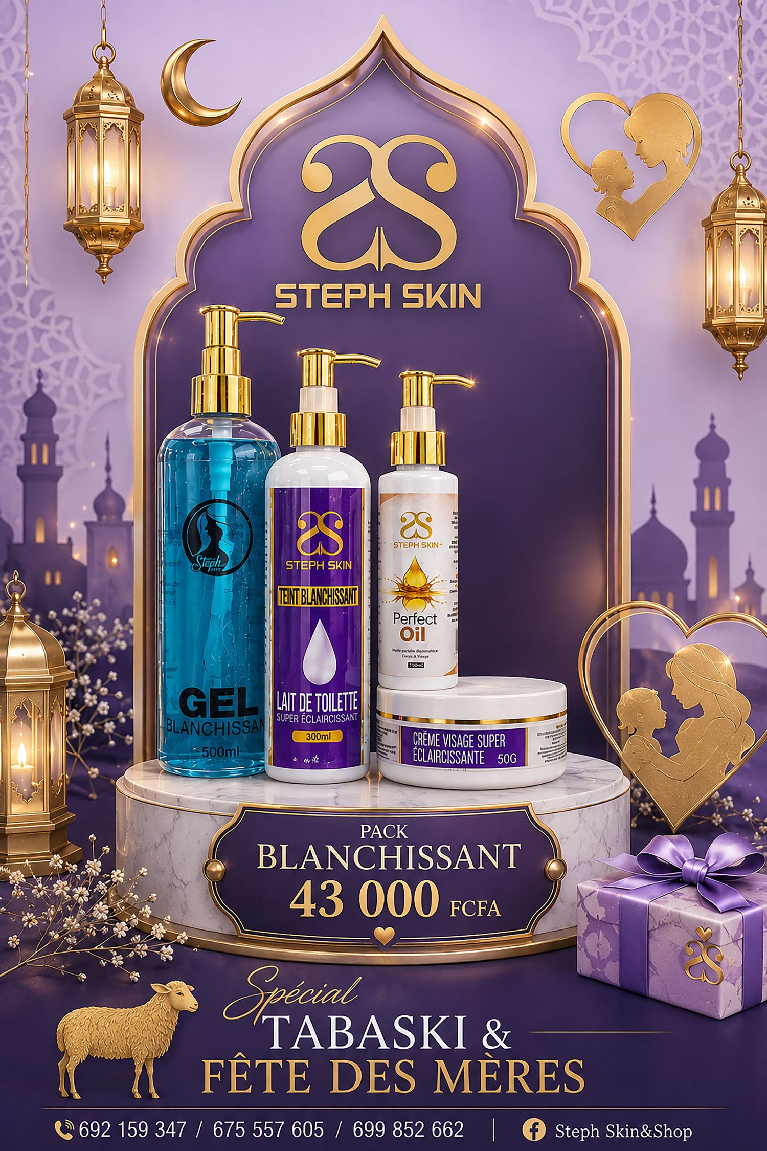 Steph Skin blanchissant pack 43000 FCFA special Tabaski skincare products purple gold advertisement.