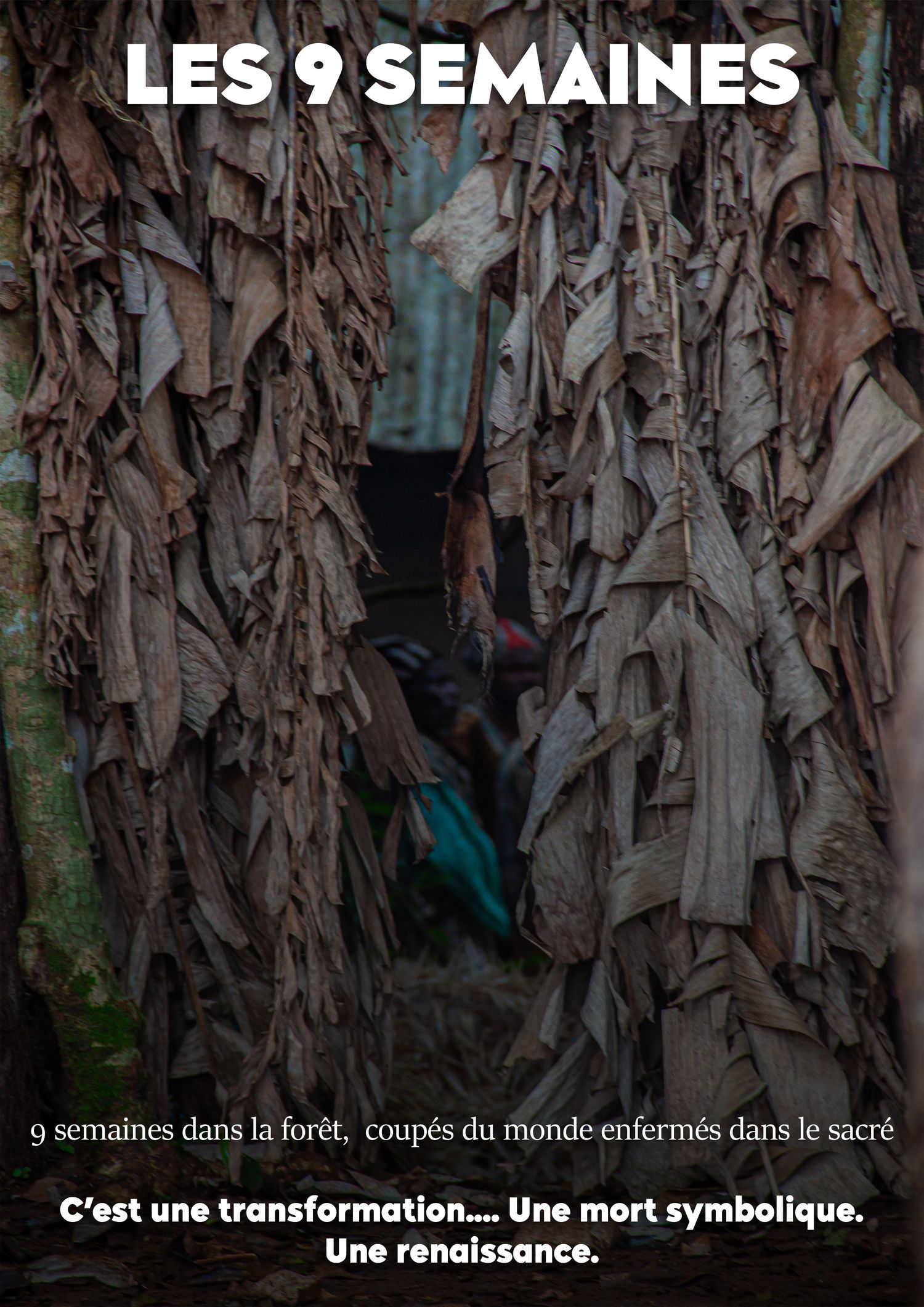 French poster for Les 9 Semaines showing a person walking through dried banana leaves in a forest ritual.
