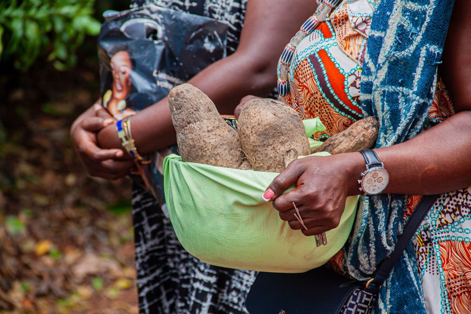 Two African women holding large yams in a green cloth during a traditional cultural gathering.