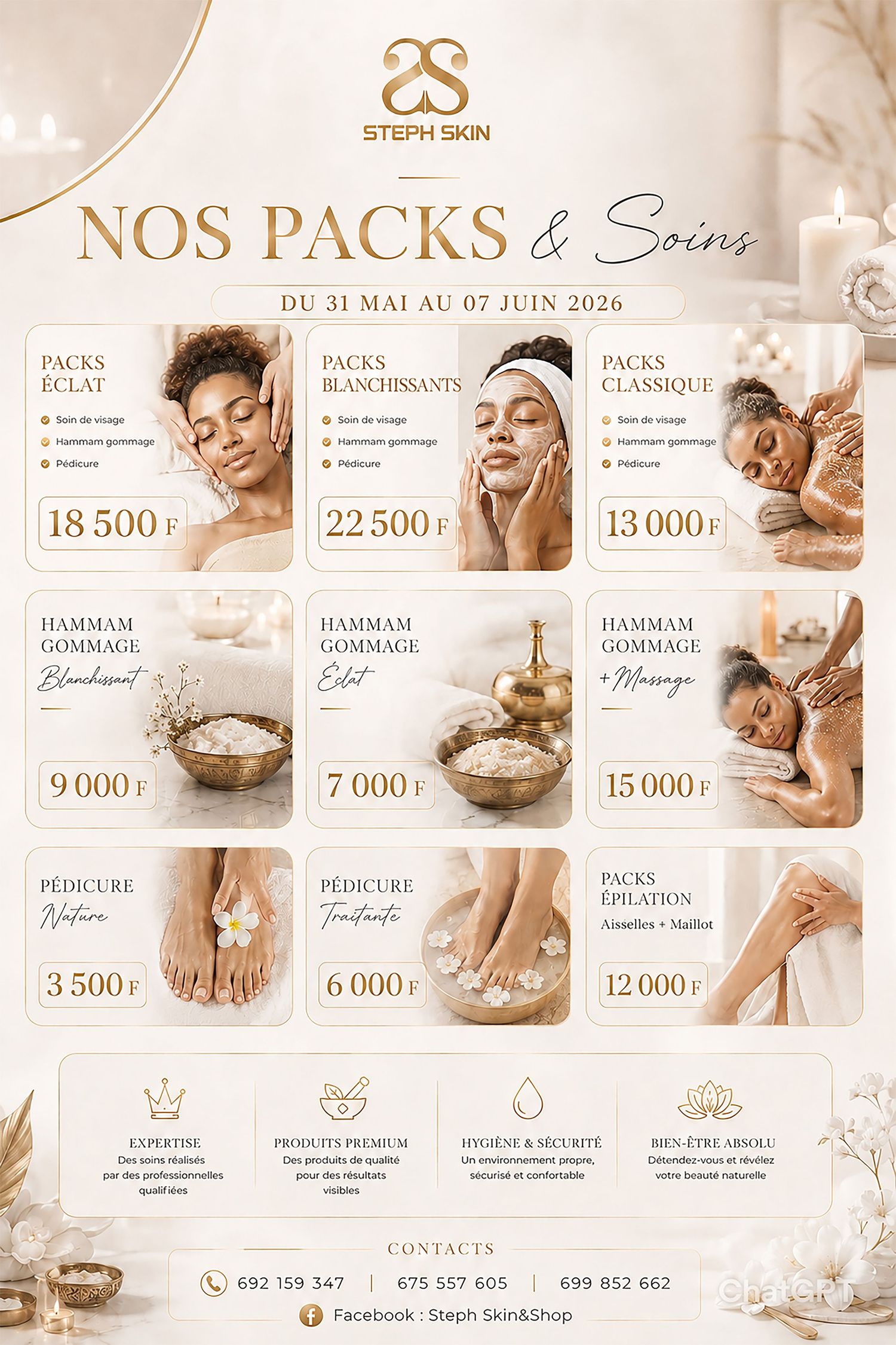 Steph Skin beauty services menu featuring packs and soins with prices ranging from 3,500 to 22,500 FCFA available May 31 to June 7.