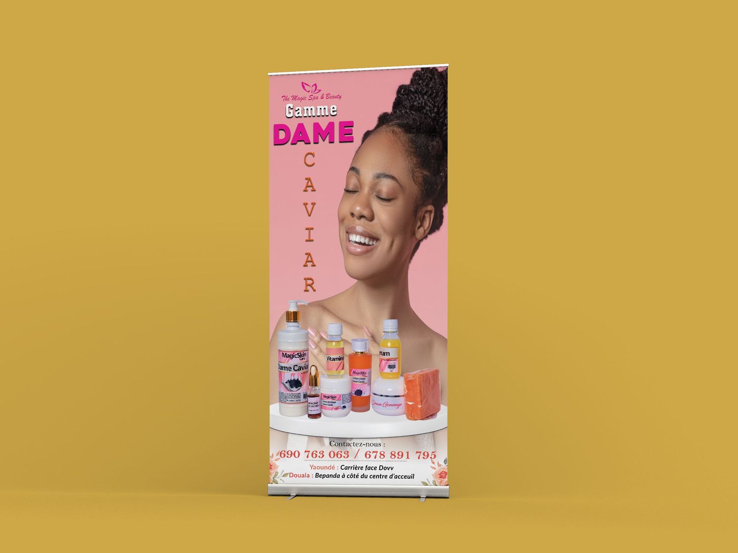 Dame Caviar beauty products roll-up banner display featuring a smiling woman and skincare bottles.