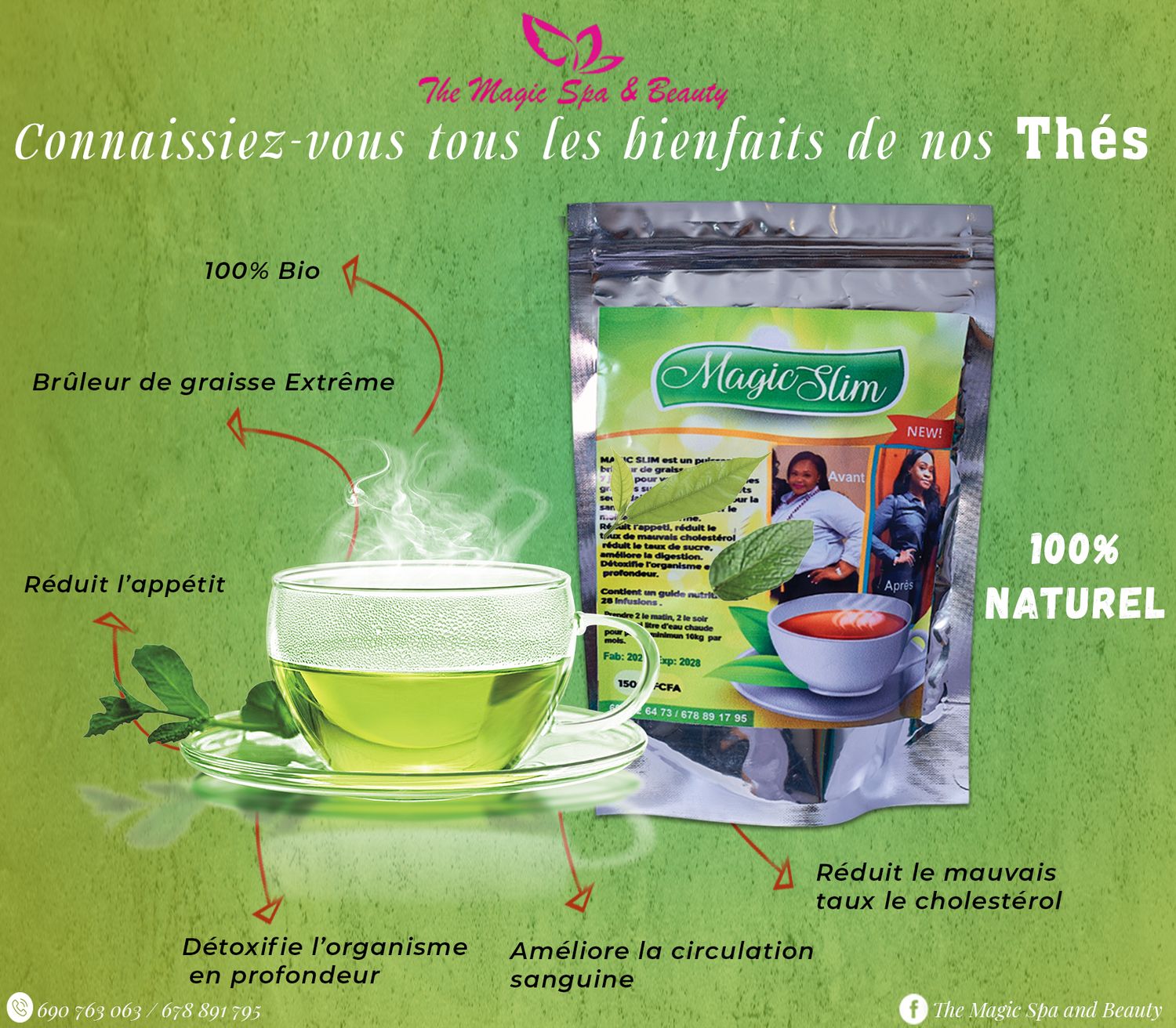 French promotional graphic highlighting the natural health benefits of Magic Slim slimming tea by The Magic Spa.