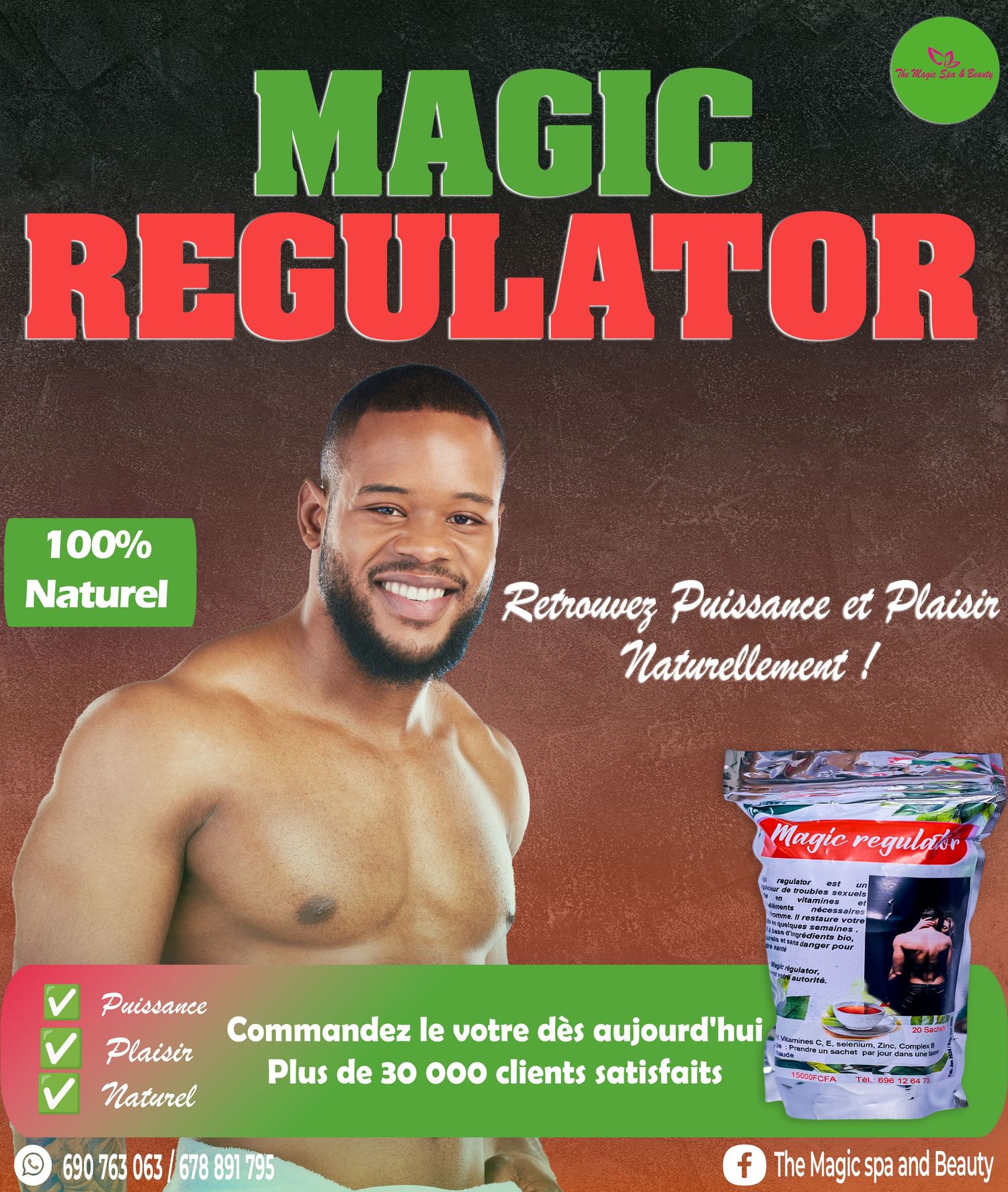 Magic Regulator 100% natural male enhancement supplement promotional poster featuring smiling shirtless African man.