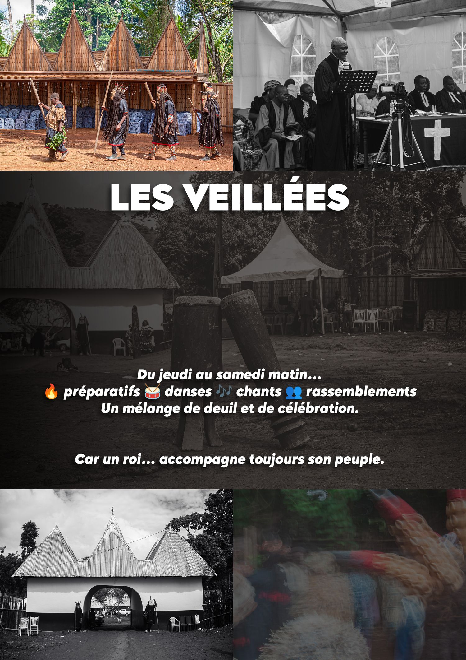 Traditional African cultural gathering with dancers, choir, and ceremonies blending mourning and celebration during Les Veillees.
