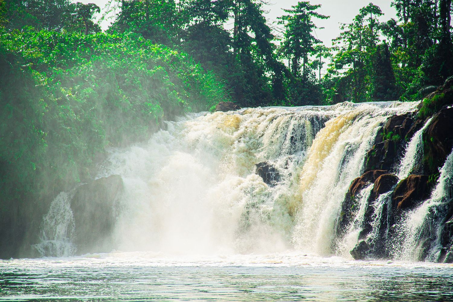 Rushing waterfall flowing into a misty river surrounded by dense emerald green tropical forest.