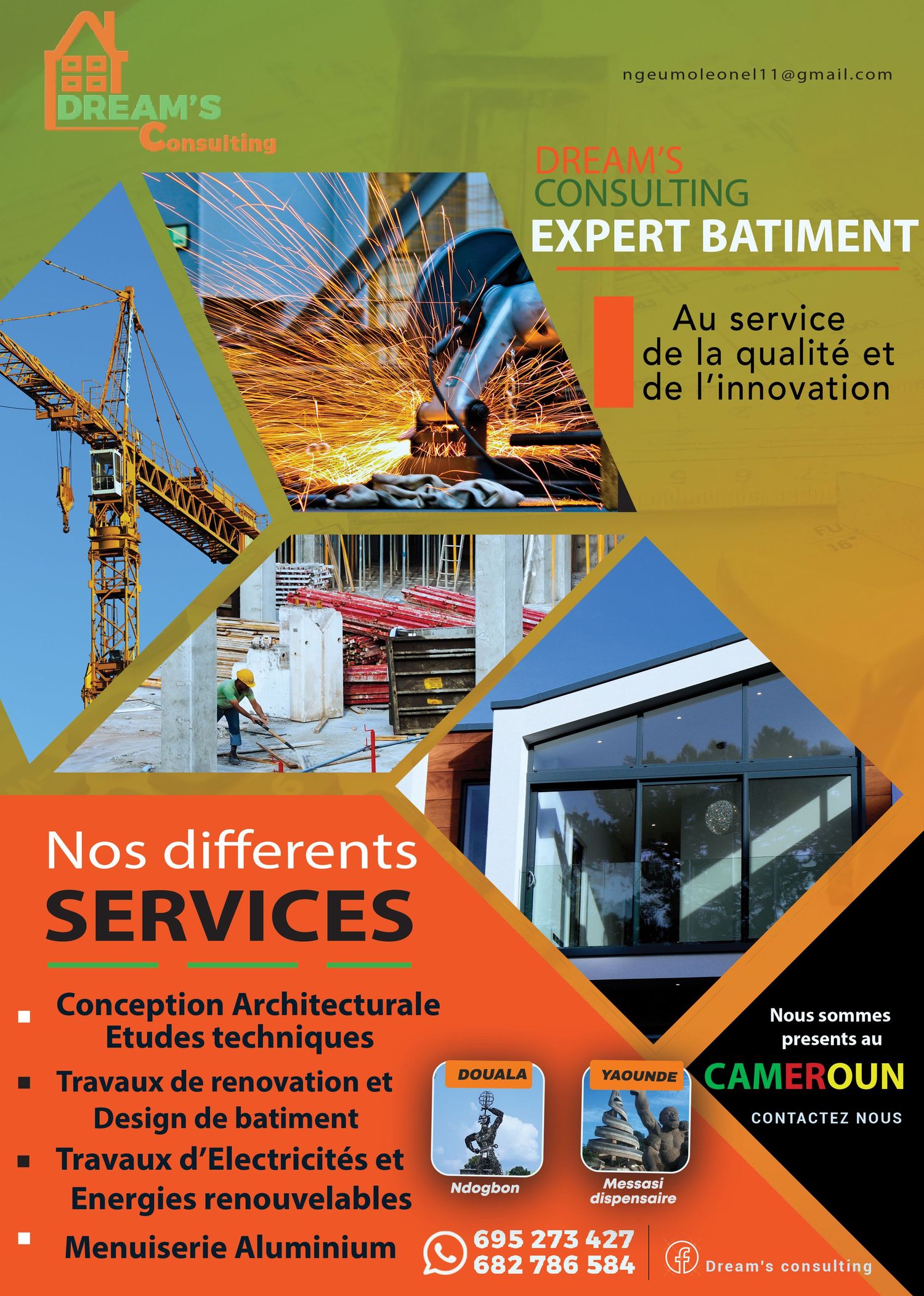 Dreams Consulting expert building services flyer showing construction and architectural projects available in Cameroon.