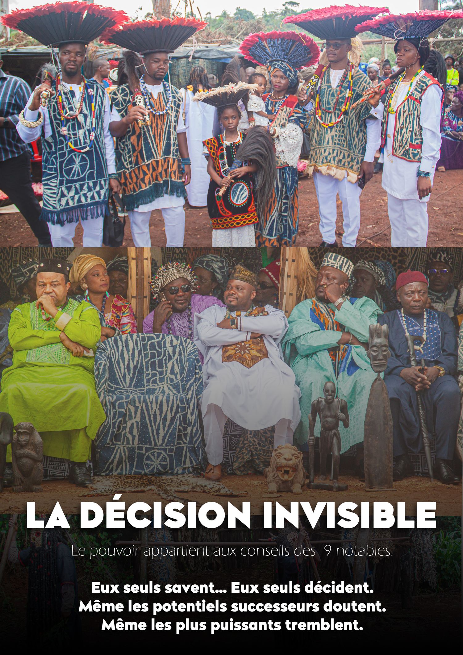 Poster for La Décision Invisible featuring African dignitaries in traditional attire with French text about powerful council of 9 notables.