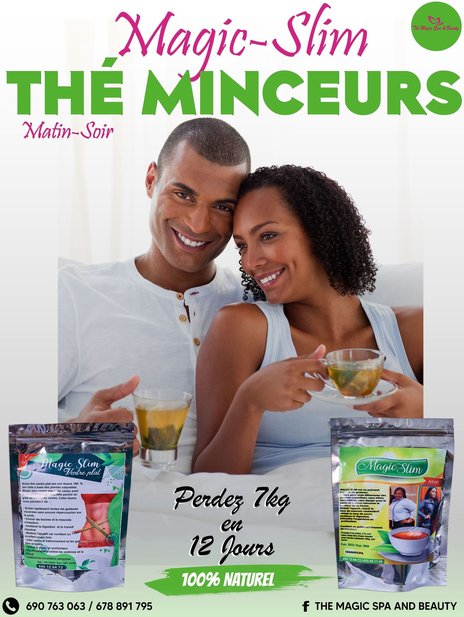 Magic-Slim slimming tea advertisement with couple, promising 7kg weight loss in 12 days.